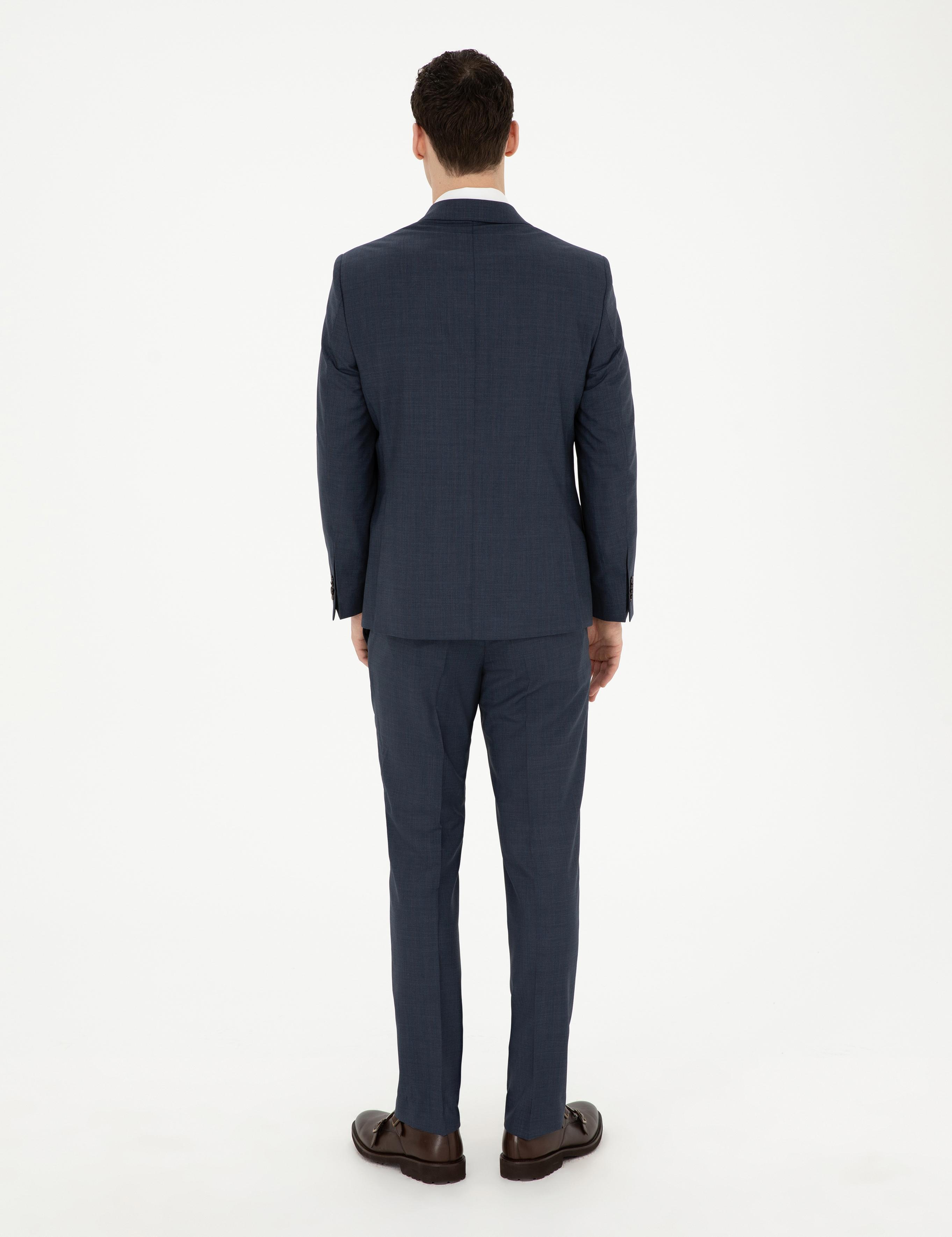 Lacivert Slim Fit Çizgili Yün İpek Karışımlı Takım Elbise