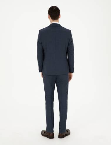 Lacivert Slim Fit Çizgili Yün İpek Karışımlı Takım Elbise