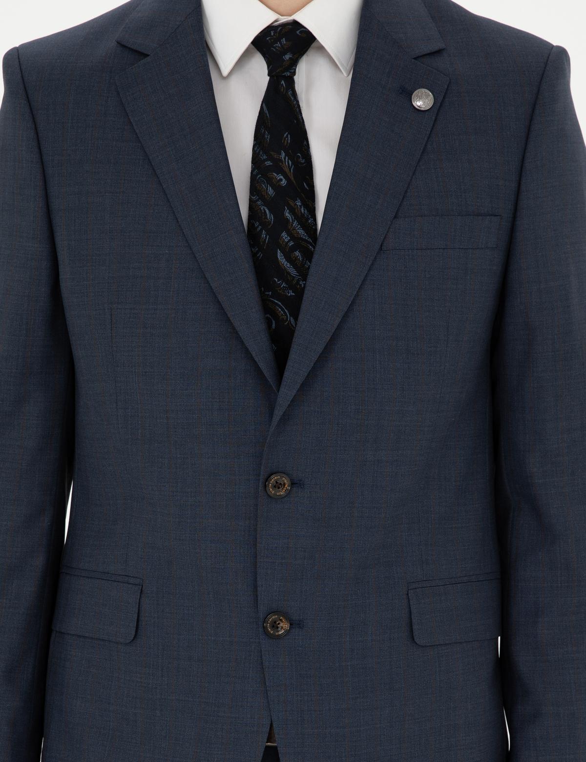 Lacivert Slim Fit Çizgili Yün İpek Karışımlı Takım Elbise - 50285293017