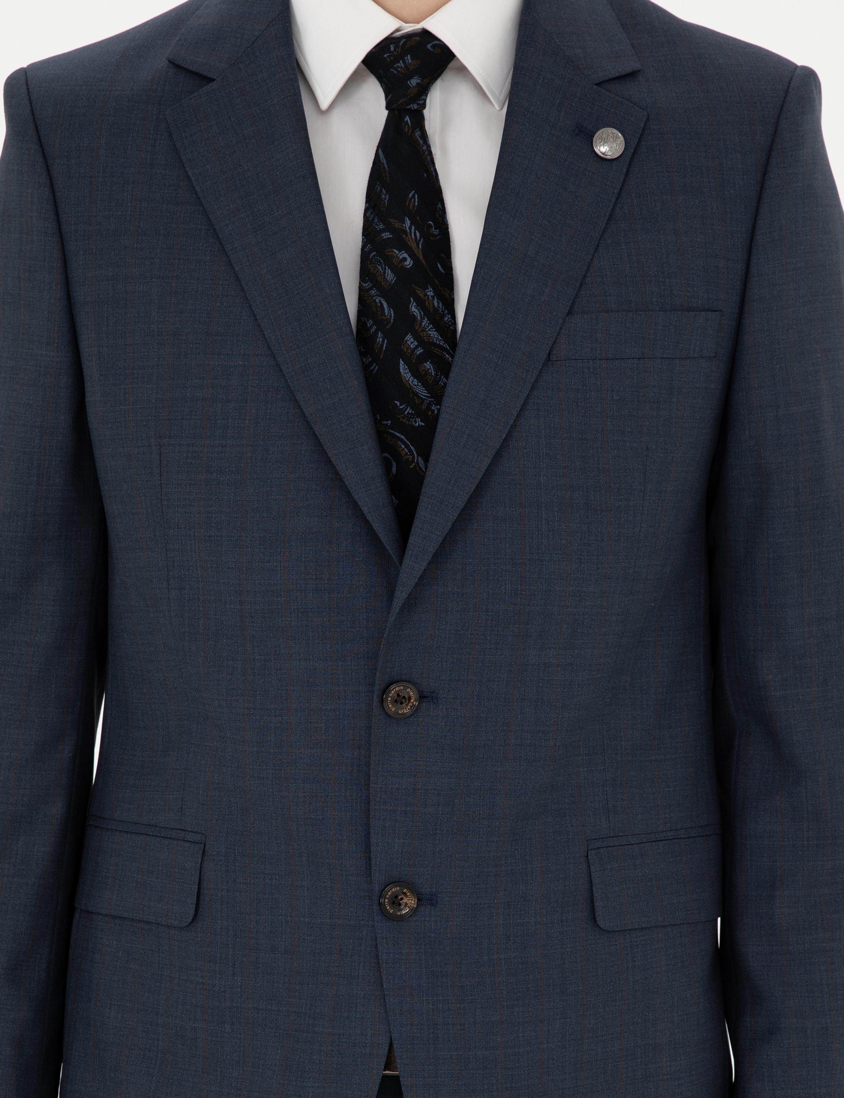 Lacivert Slim Fit Çizgili Yün İpek Karışımlı Takım Elbise