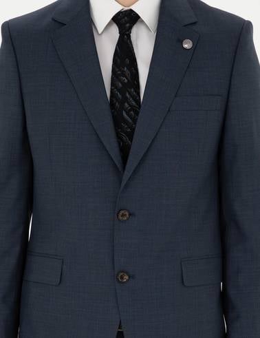 Lacivert Slim Fit Çizgili Yün İpek Karışımlı Takım Elbise
