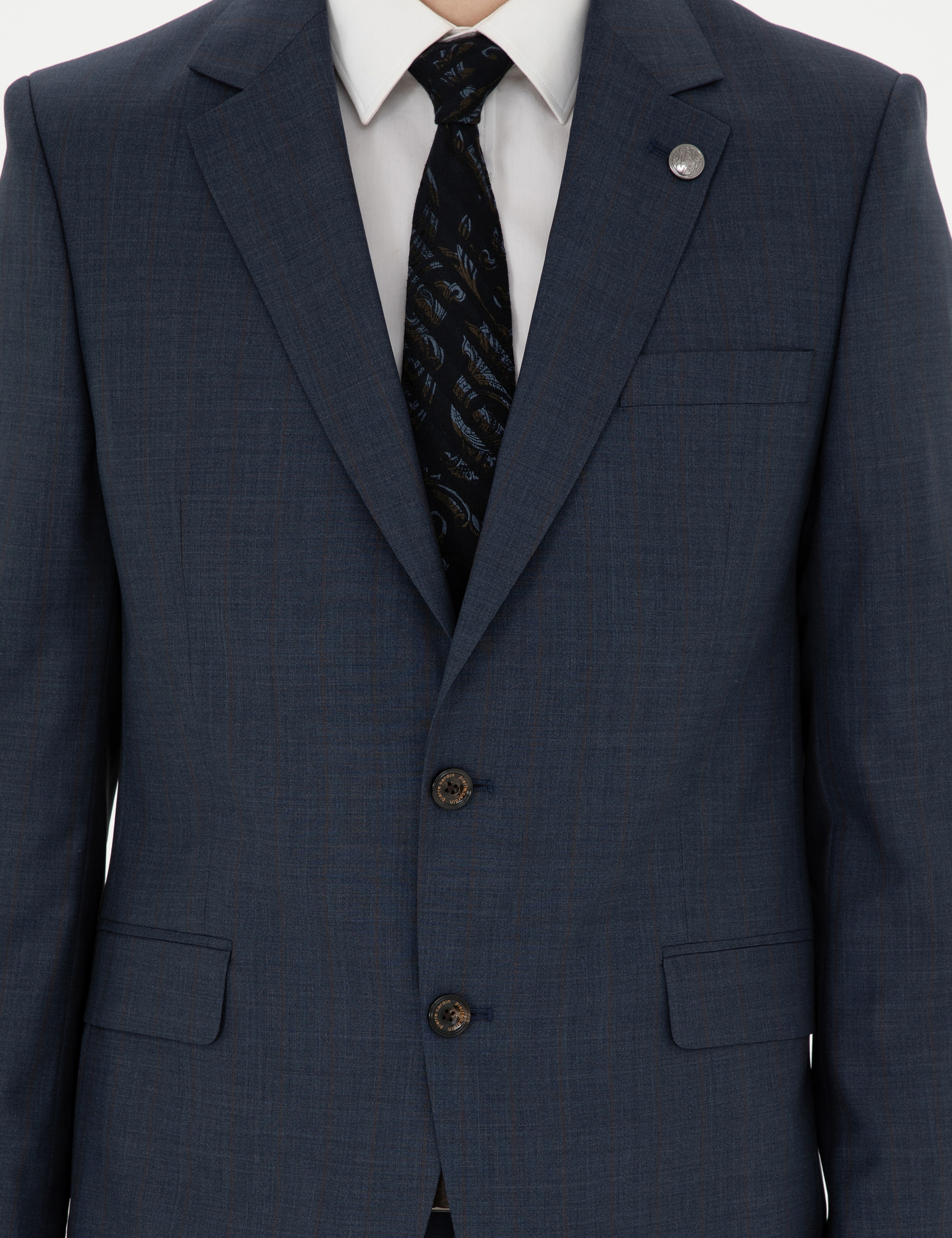 Lacivert Slim Fit Çizgili Yün İpek Karışımlı Takım Elbise - Image 6