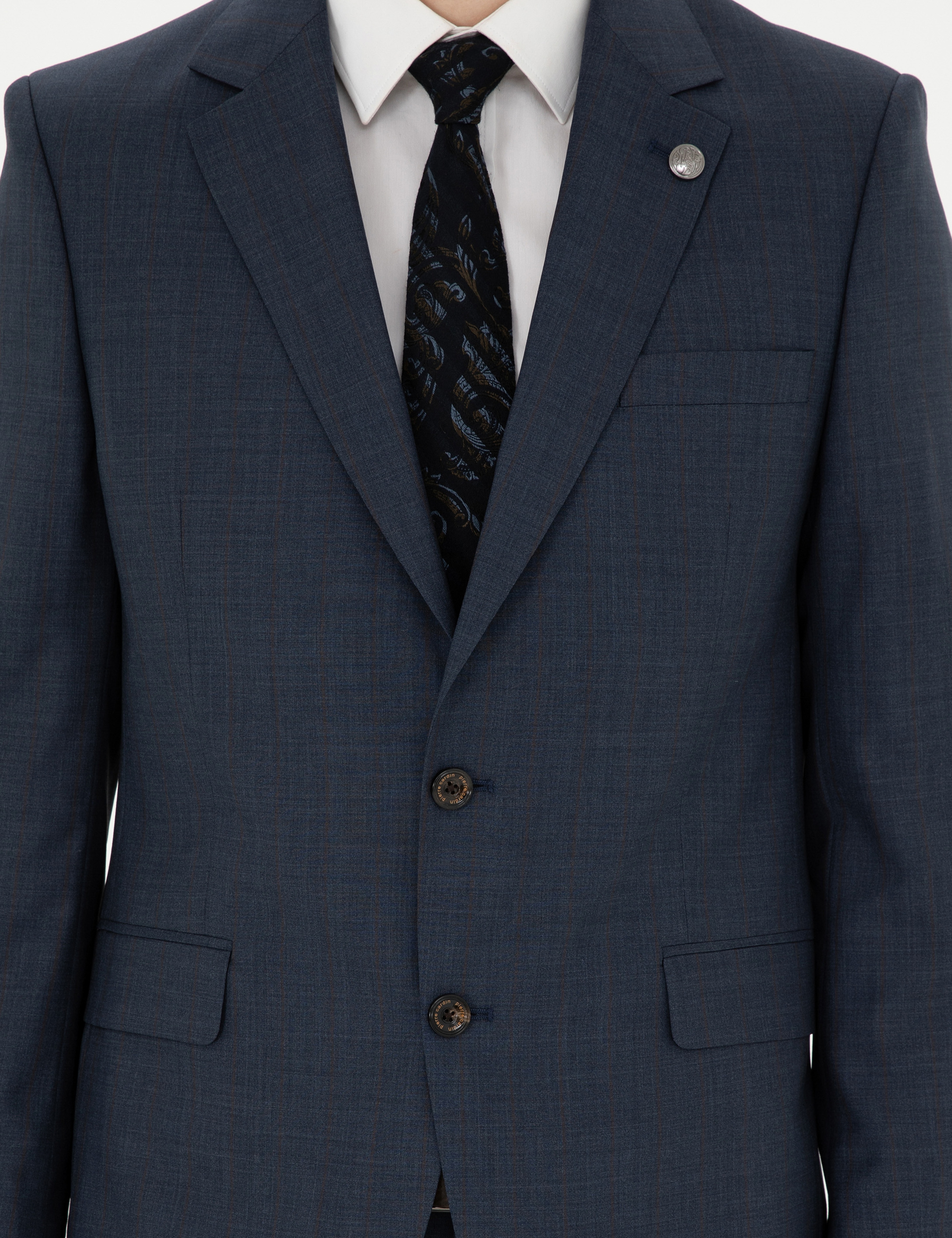 Lacivert Slim Fit Çizgili Yün İpek Karışımlı Takım Elbise