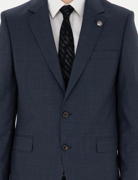 Lacivert Slim Fit Çizgili Yün İpek Karışımlı Takım Elbise - 50285293017