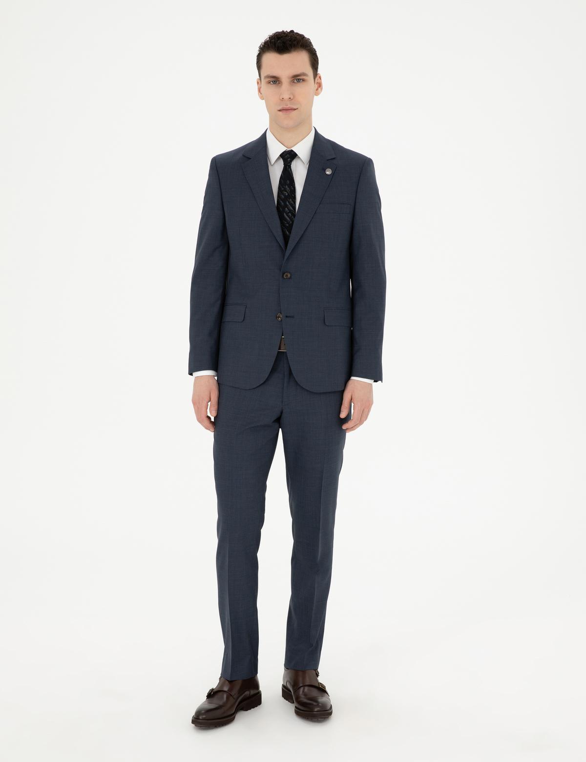 Lacivert Slim Fit Çizgili Yün İpek Karışımlı Takım Elbise