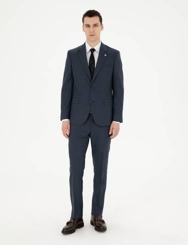 Lacivert Slim Fit Çizgili Yün İpek Karışımlı Takım Elbise