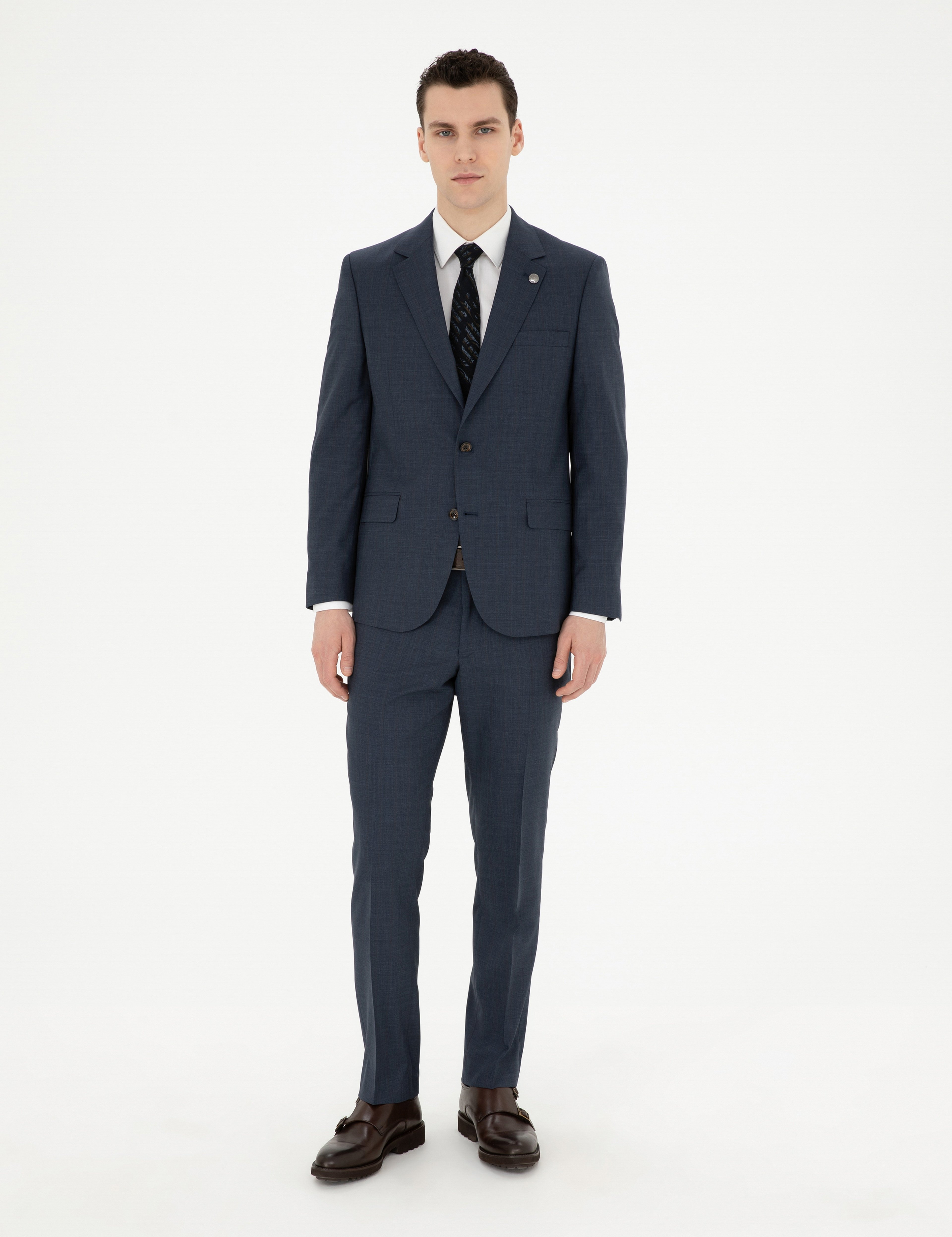 Lacivert Slim Fit Çizgili Yün İpek Karışımlı Takım Elbise - Image 1