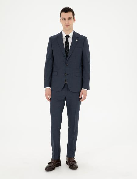 Lacivert Slim Fit Çizgili Yün İpek Karışımlı Takım Elbise - 50285293017