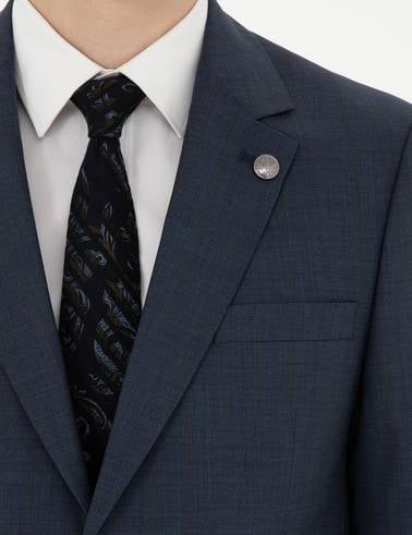 Lacivert Slim Fit Çizgili Yün İpek Karışımlı Takım Elbise