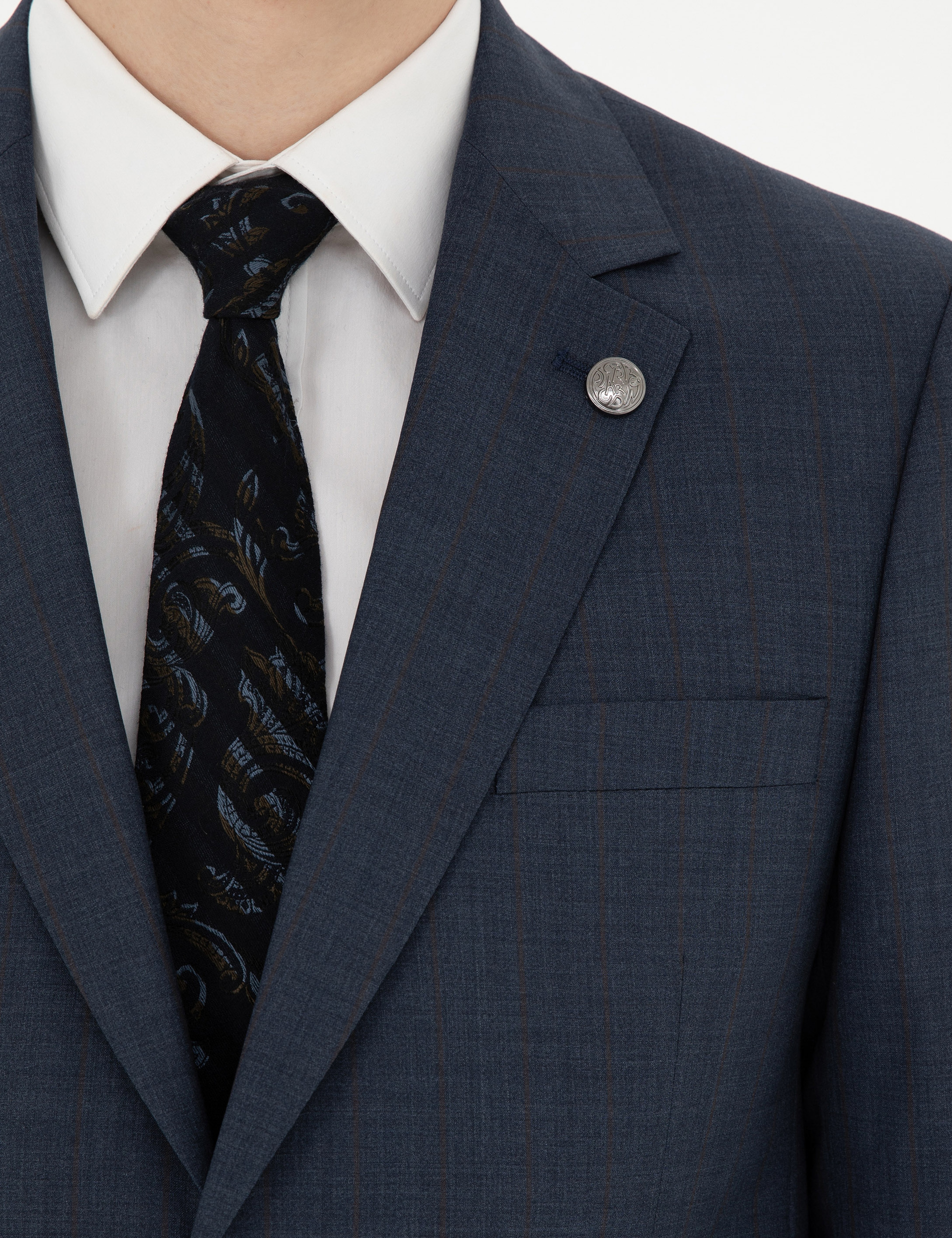 Lacivert Slim Fit Çizgili Yün İpek Karışımlı Takım Elbise