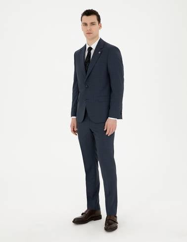 Lacivert Slim Fit Çizgili Yün İpek Karışımlı Takım Elbise