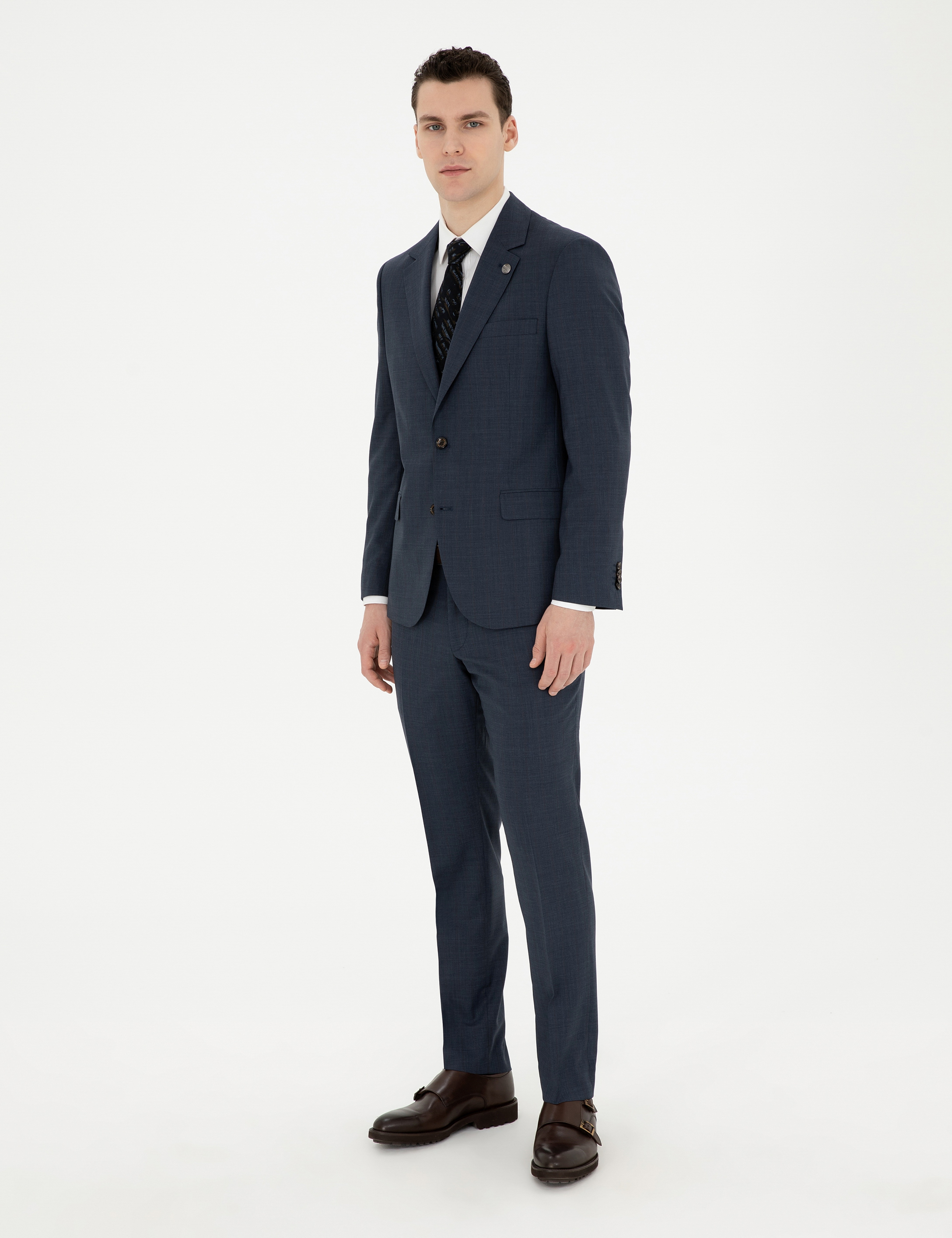 Lacivert Slim Fit Çizgili Yün İpek Karışımlı Takım Elbise - Image 3
