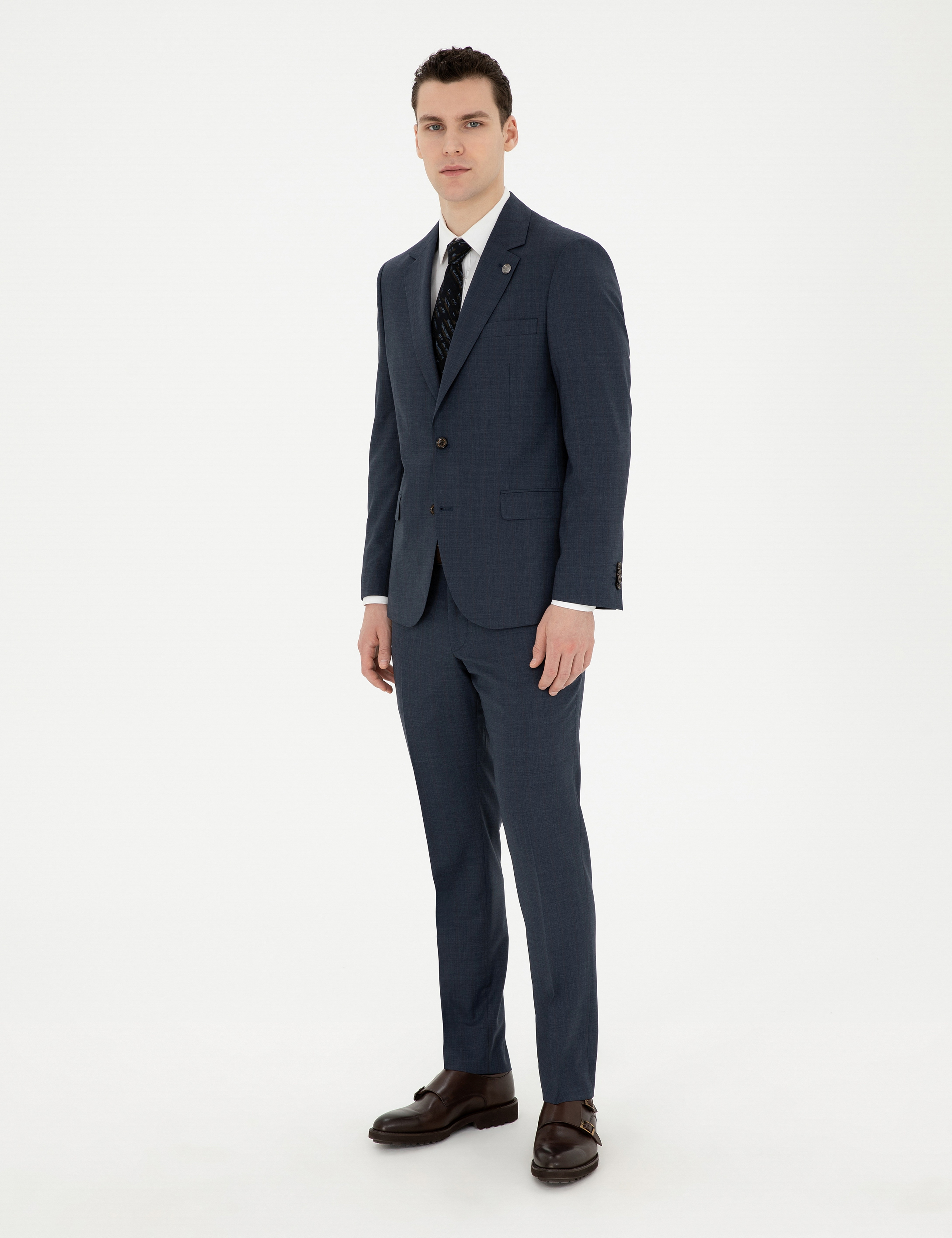 Lacivert Slim Fit Çizgili Yün İpek Karışımlı Takım Elbise