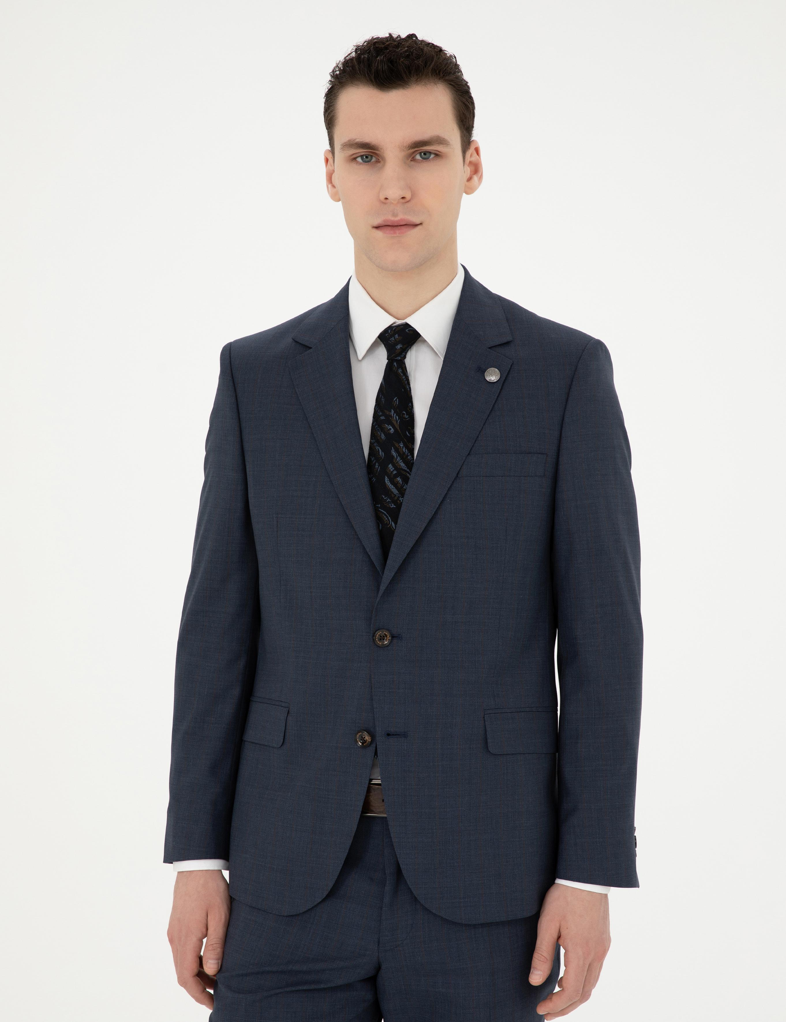 Lacivert Slim Fit Çizgili Yün İpek Karışımlı Takım Elbise