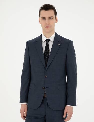 Lacivert Slim Fit Çizgili Yün İpek Karışımlı Takım Elbise