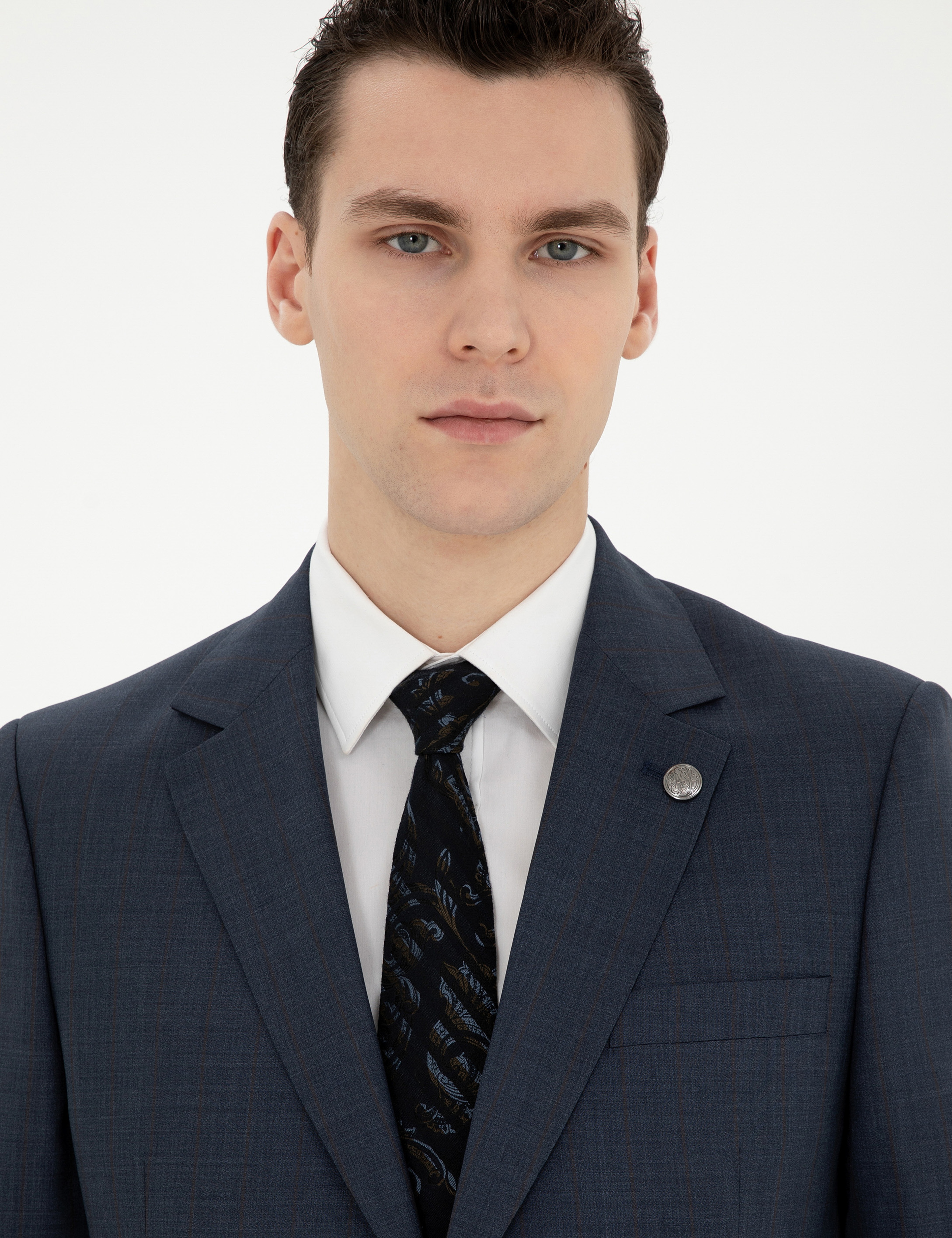 Lacivert Slim Fit Çizgili Yün İpek Karışımlı Takım Elbise