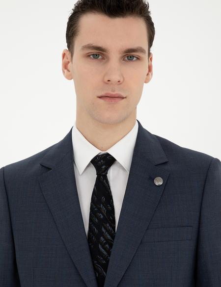 Lacivert Slim Fit Çizgili Yün İpek Karışımlı Takım Elbise - 50285293017