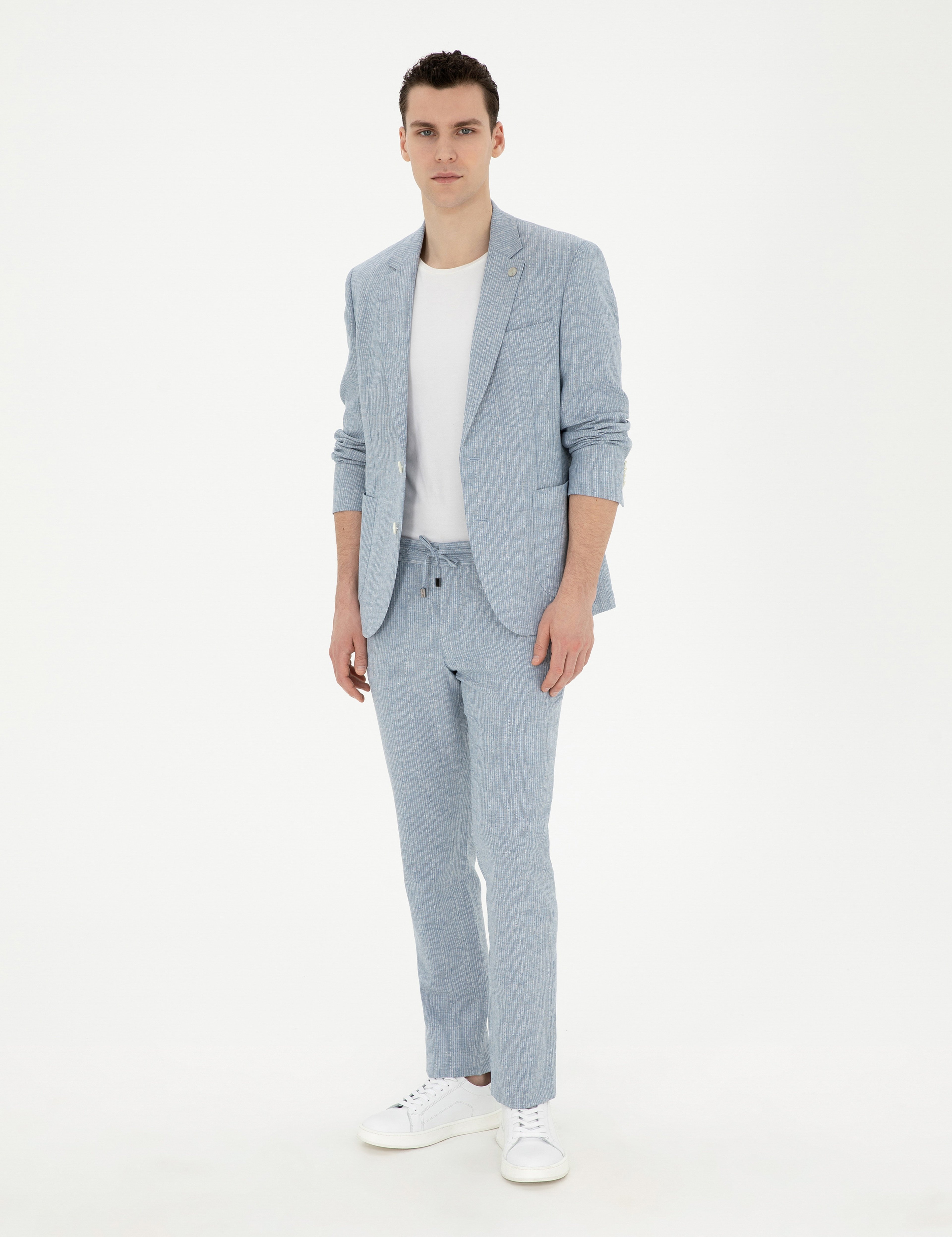 Açık Mavi Slim Fit Keten Karışımlı Çizgili Takım Elbise