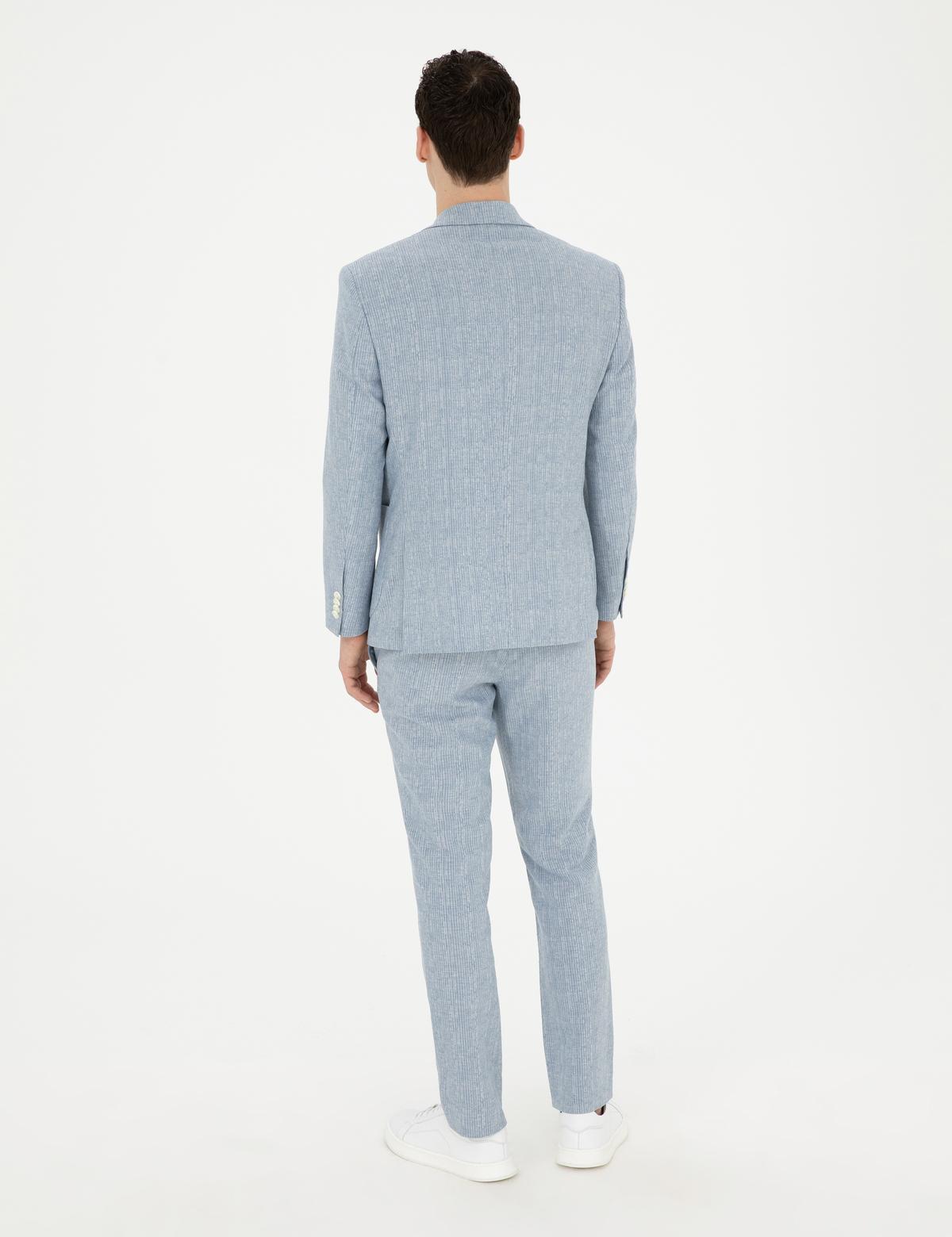 Açık Mavi Slim Fit Keten Karışımlı Çizgili Takım Elbise - 50285265093