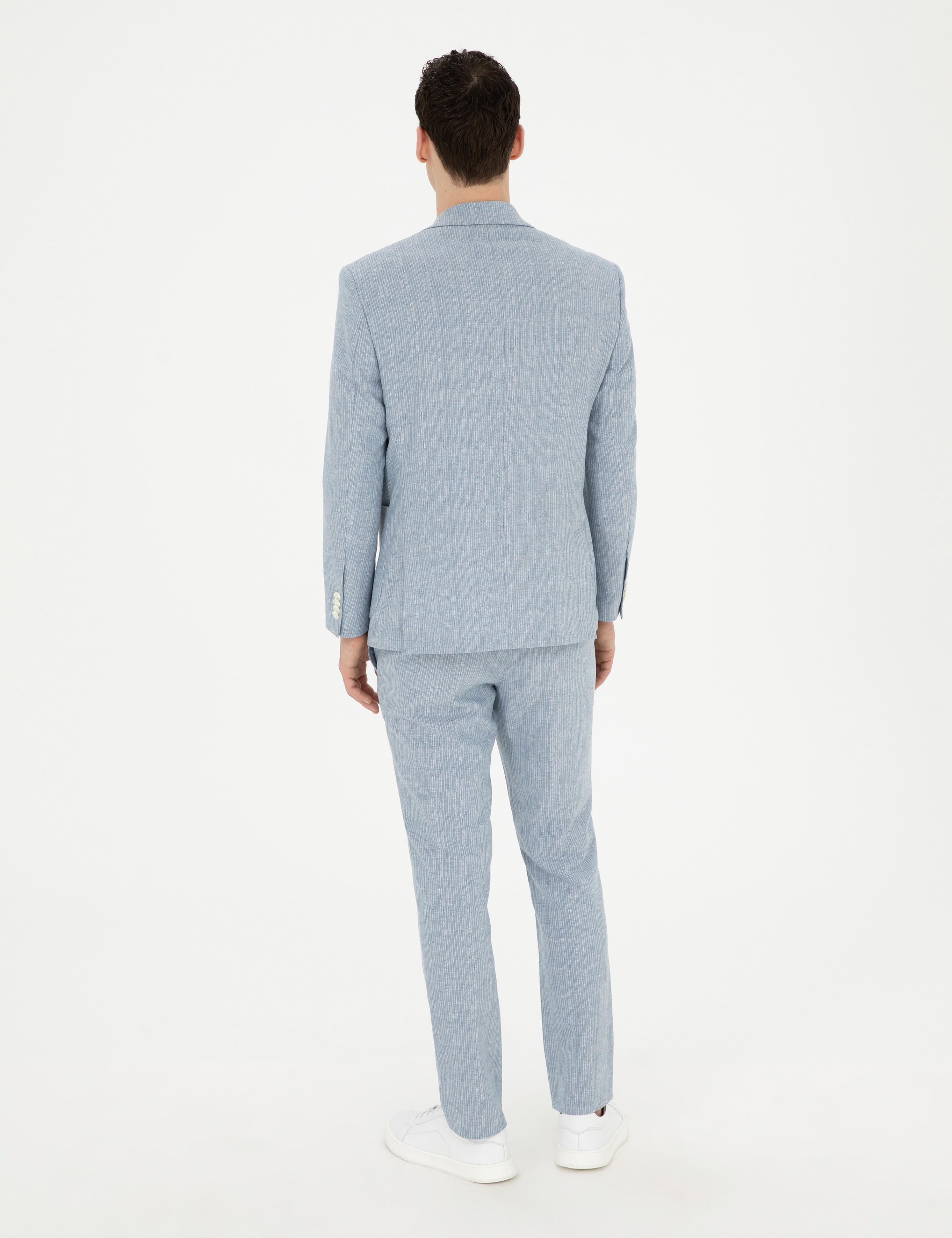 Açık Mavi Slim Fit Keten Karışımlı Çizgili Takım Elbise