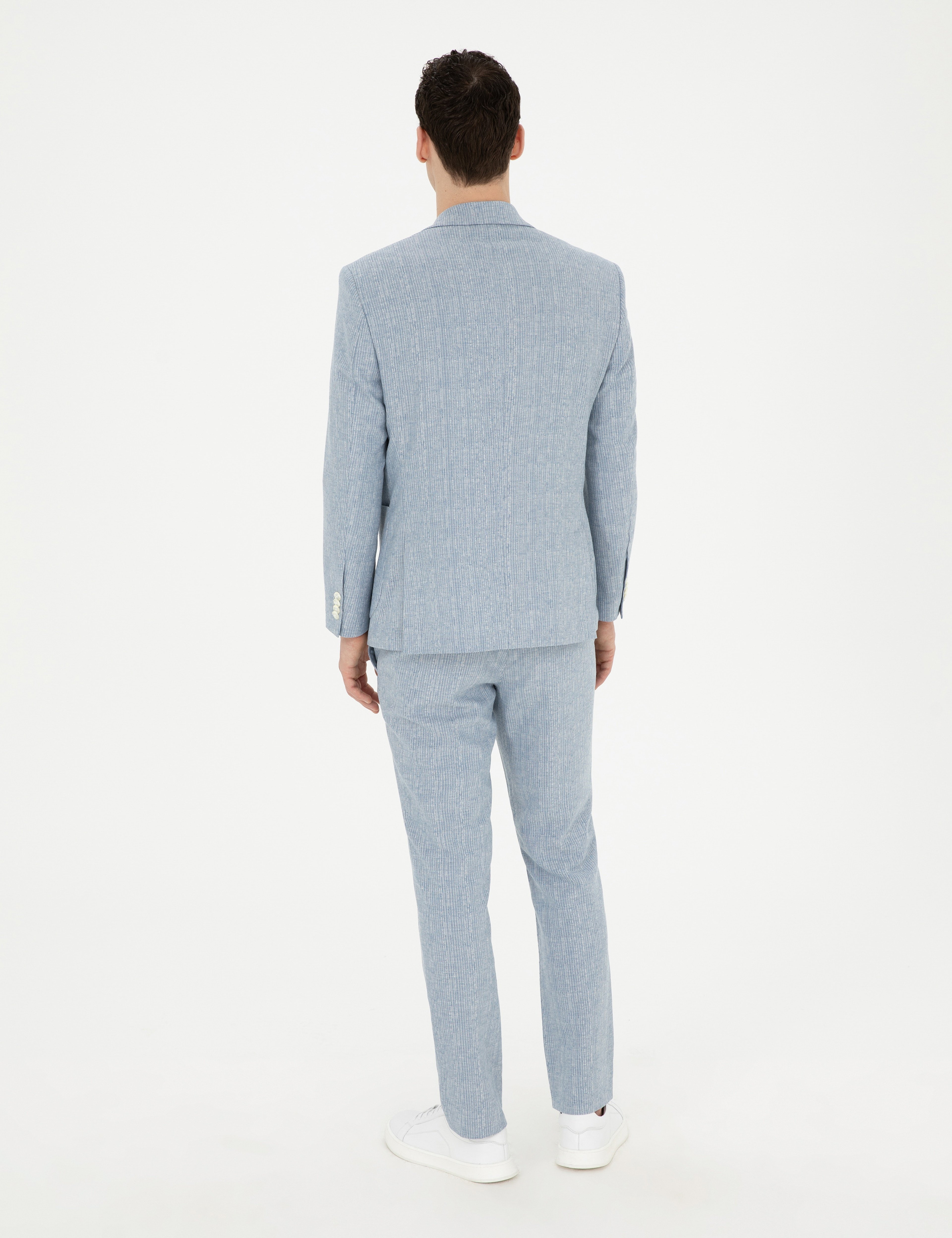 Açık Mavi Slim Fit Keten Karışımlı Çizgili Takım Elbise