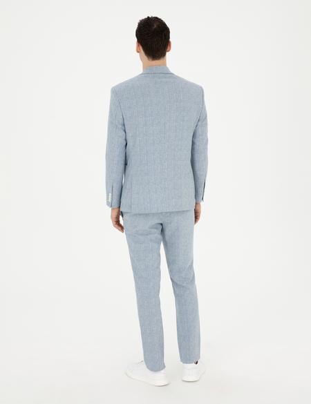 Açık Mavi Slim Fit Keten Karışımlı Çizgili Takım Elbise - 50285265093