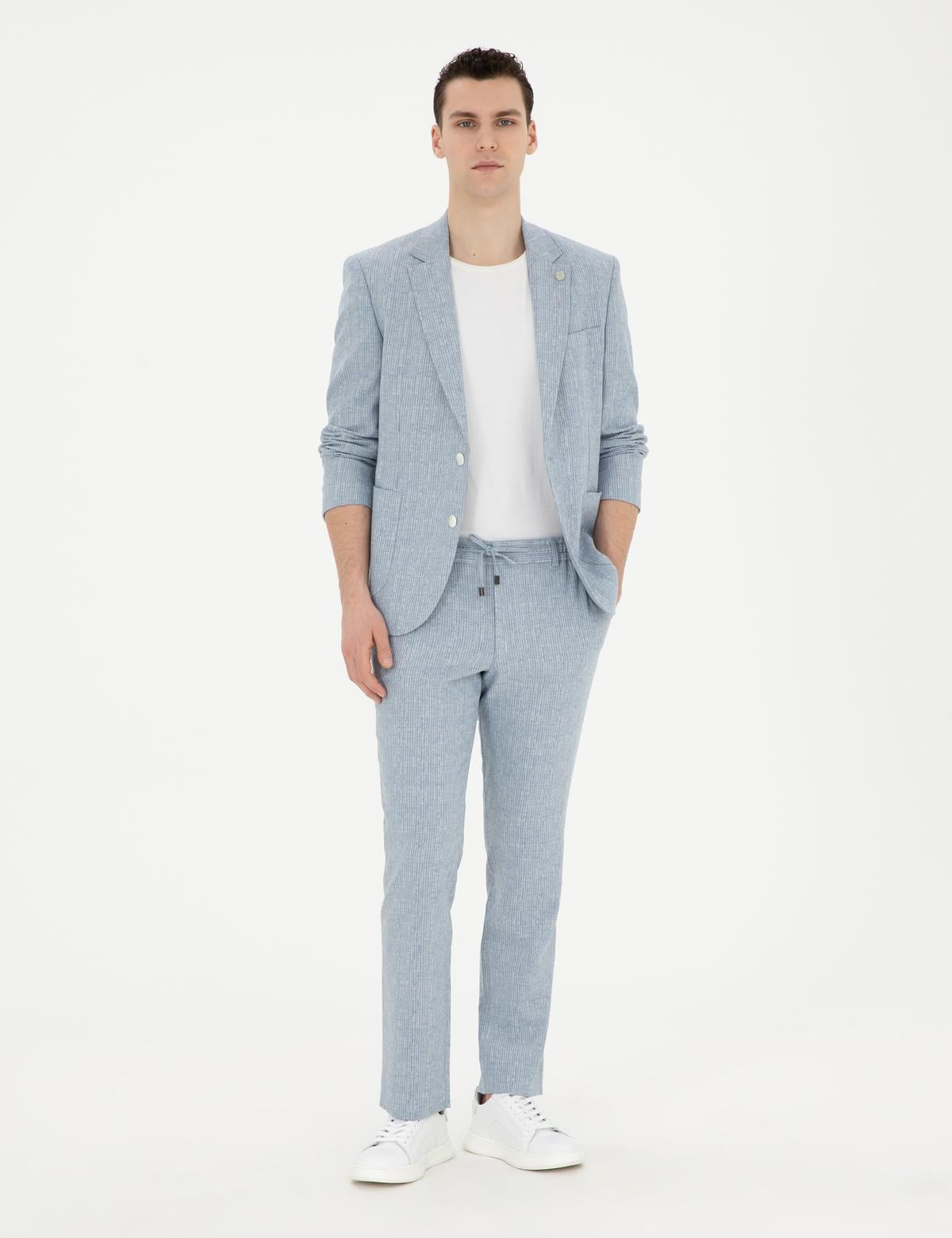 Açık Mavi Slim Fit Keten Karışımlı Çizgili Takım Elbise