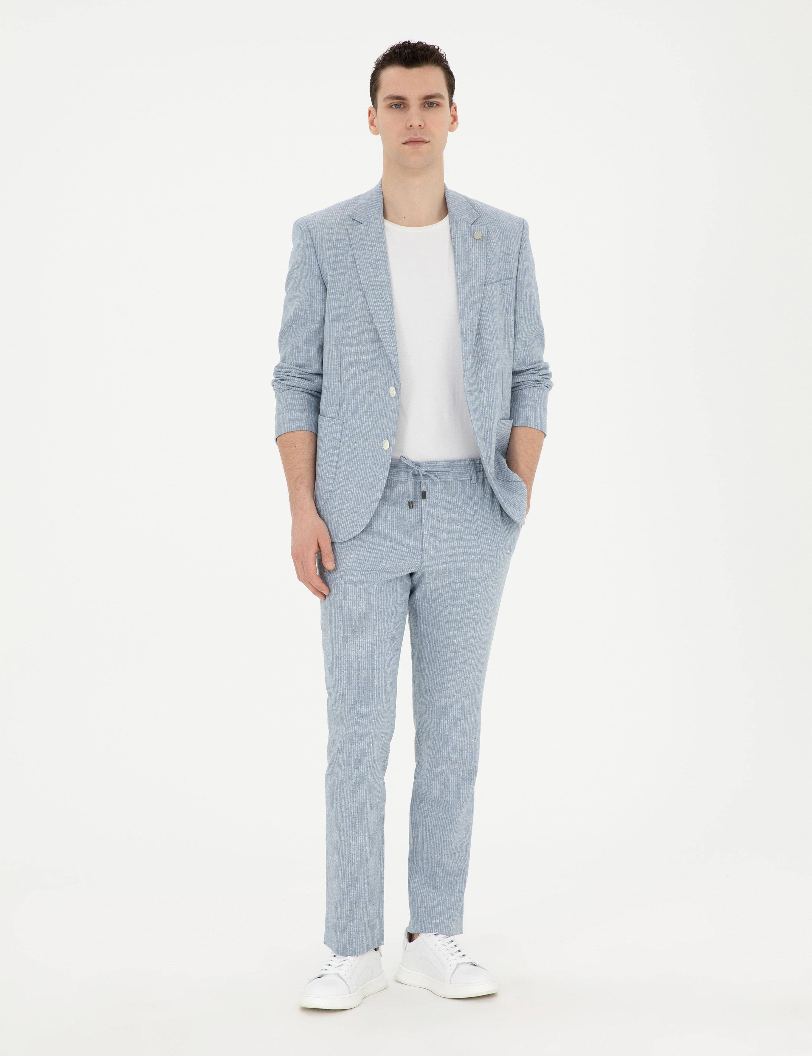 Açık Mavi Slim Fit Keten Karışımlı Çizgili Takım Elbise