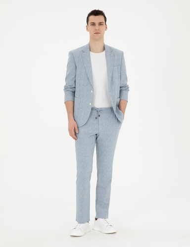 Açık Mavi Slim Fit Keten Karışımlı Çizgili Takım Elbise