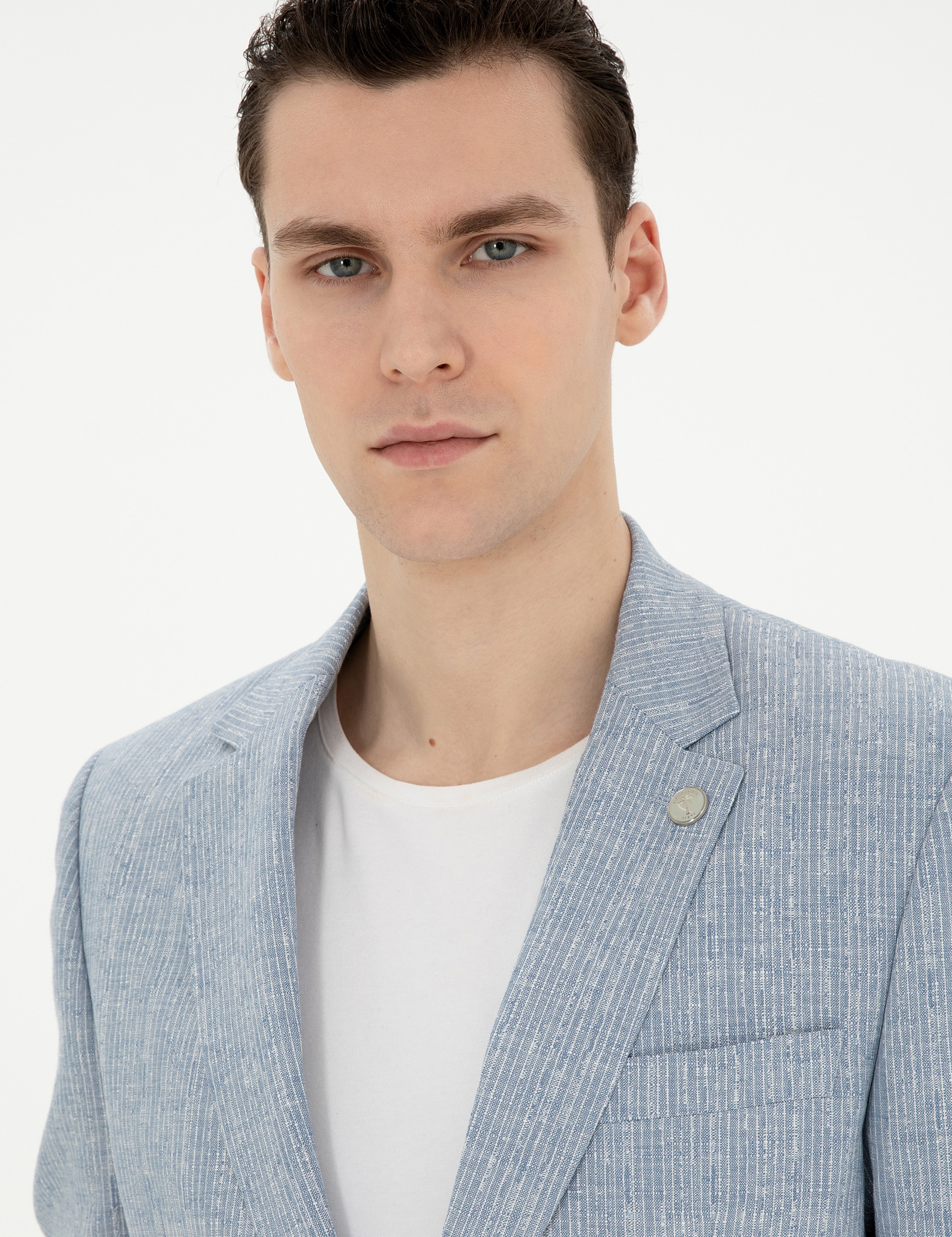 Açık Mavi Slim Fit Keten Karışımlı Çizgili Takım Elbise - Image 2