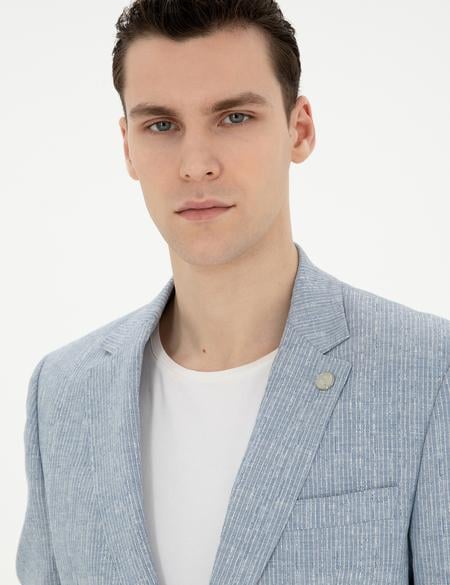 Açık Mavi Slim Fit Keten Karışımlı Çizgili Takım Elbise - 50285265093