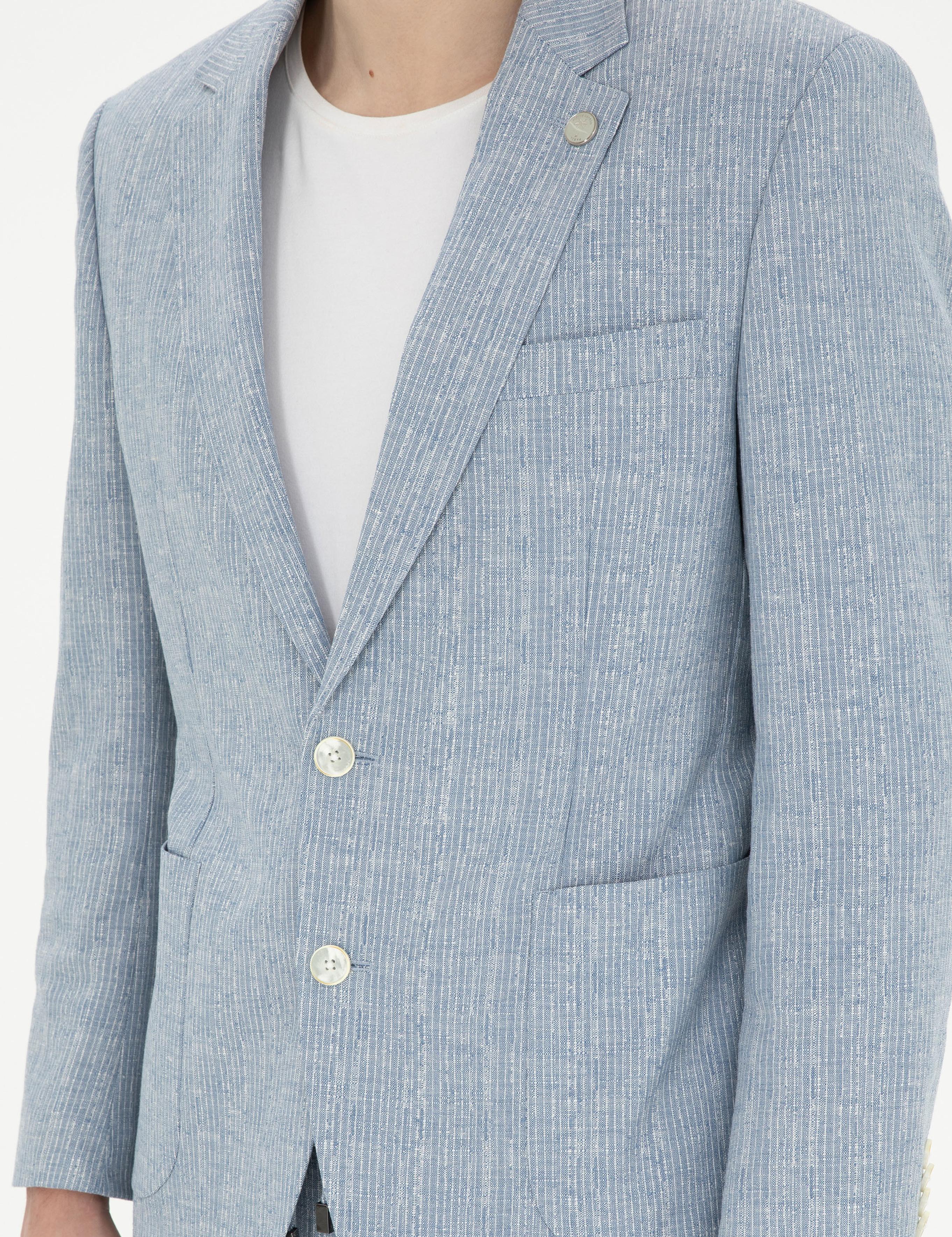 Açık Mavi Slim Fit Keten Karışımlı Çizgili Takım Elbise