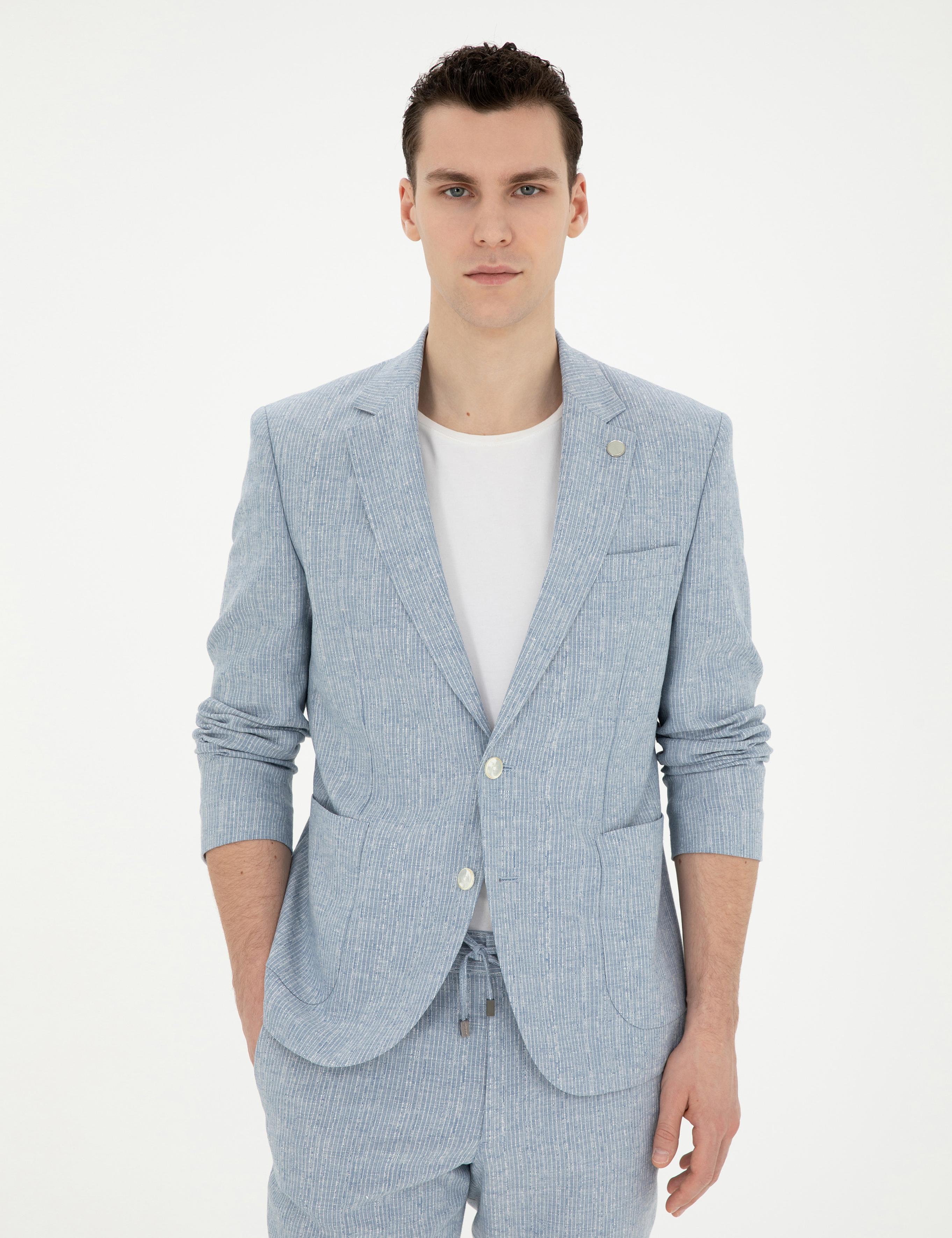 Açık Mavi Slim Fit Keten Karışımlı Çizgili Takım Elbise