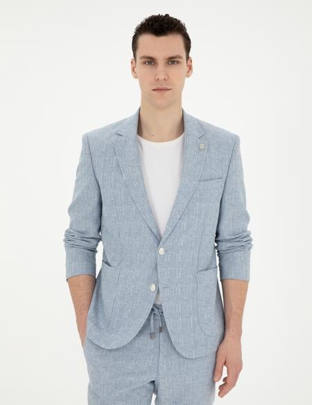 Açık Mavi Slim Fit Keten Karışımlı Çizgili Takım Elbise - 50285265093