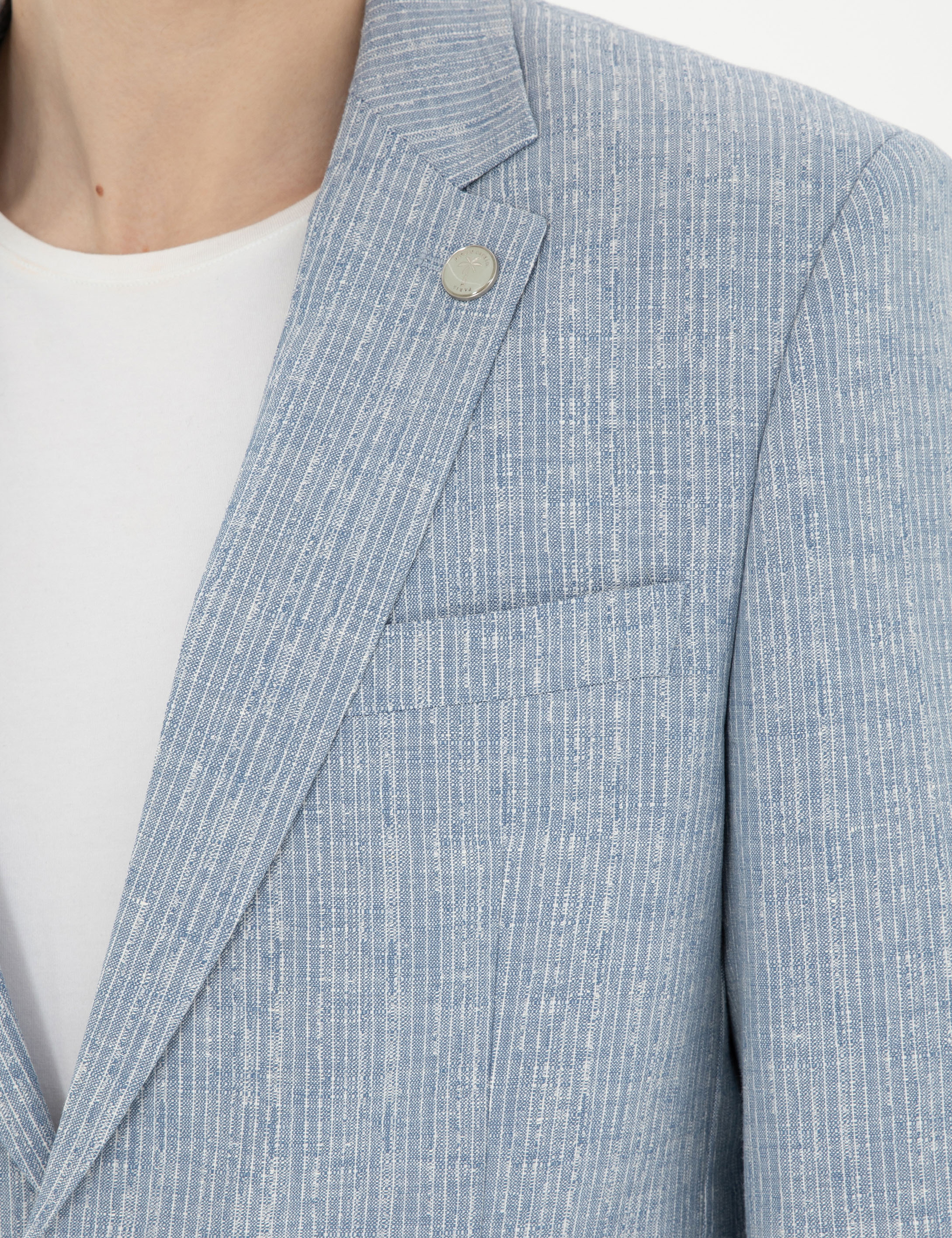 Açık Mavi Slim Fit Keten Karışımlı Çizgili Takım Elbise - Image 7