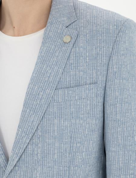 Açık Mavi Slim Fit Keten Karışımlı Çizgili Takım Elbise - 50285265093