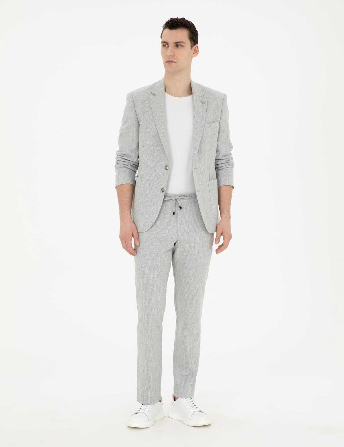 Gri Slim Fit Keten Karışımlı Çizgili Takım Elbise - 50285265020