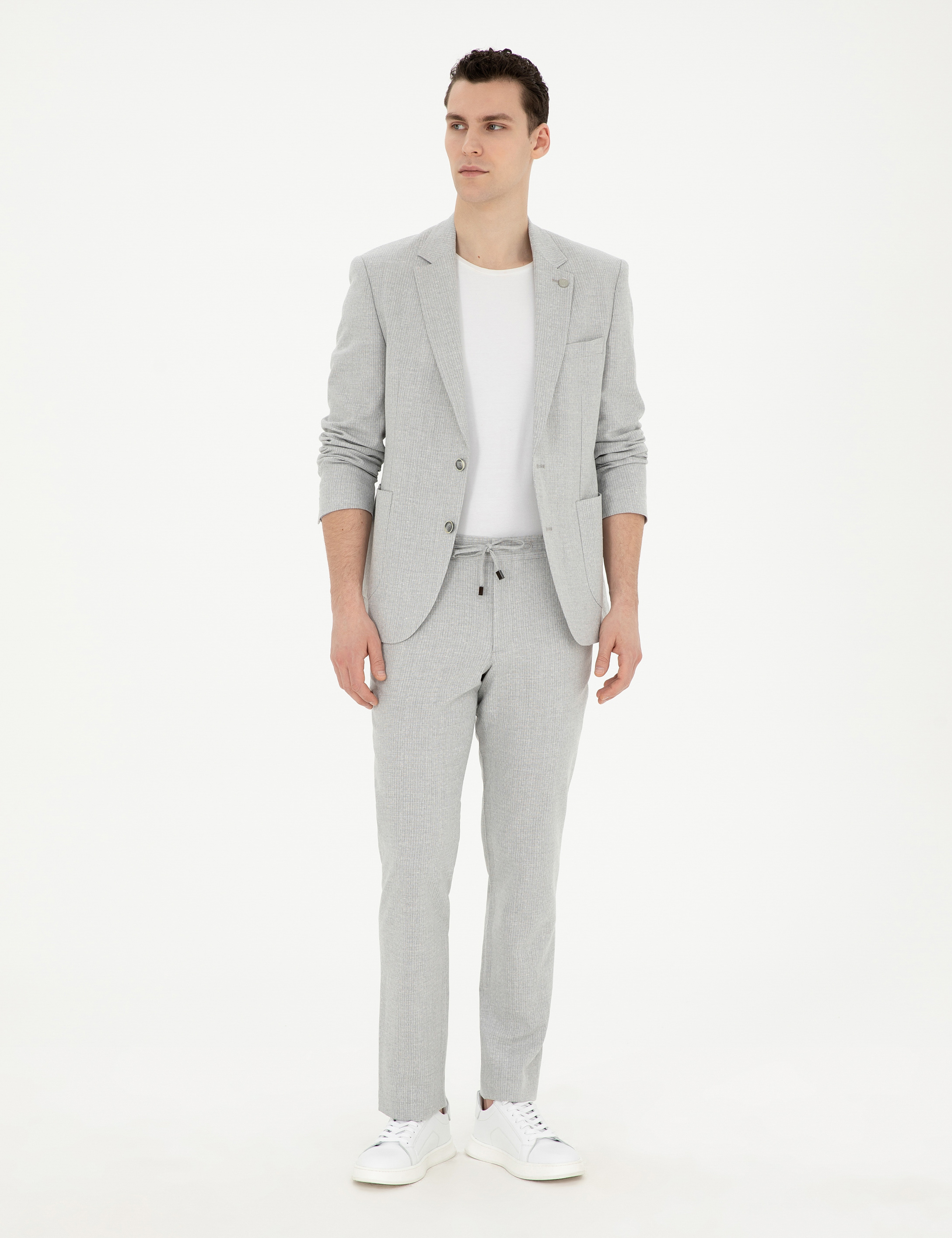 Gri Slim Fit Keten Karışımlı Çizgili Takım Elbise