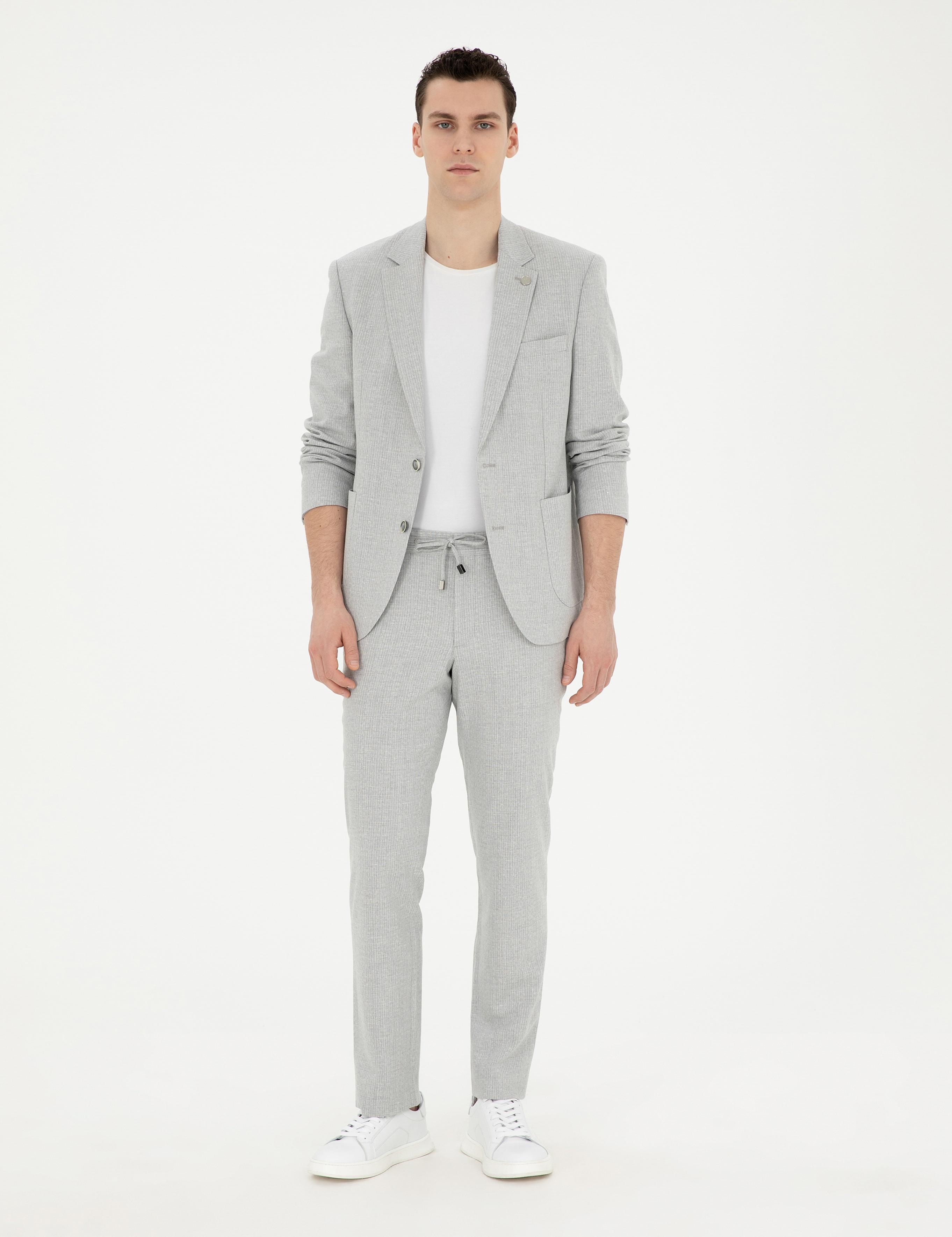 Gri Slim Fit Keten Karışımlı Çizgili Takım Elbise