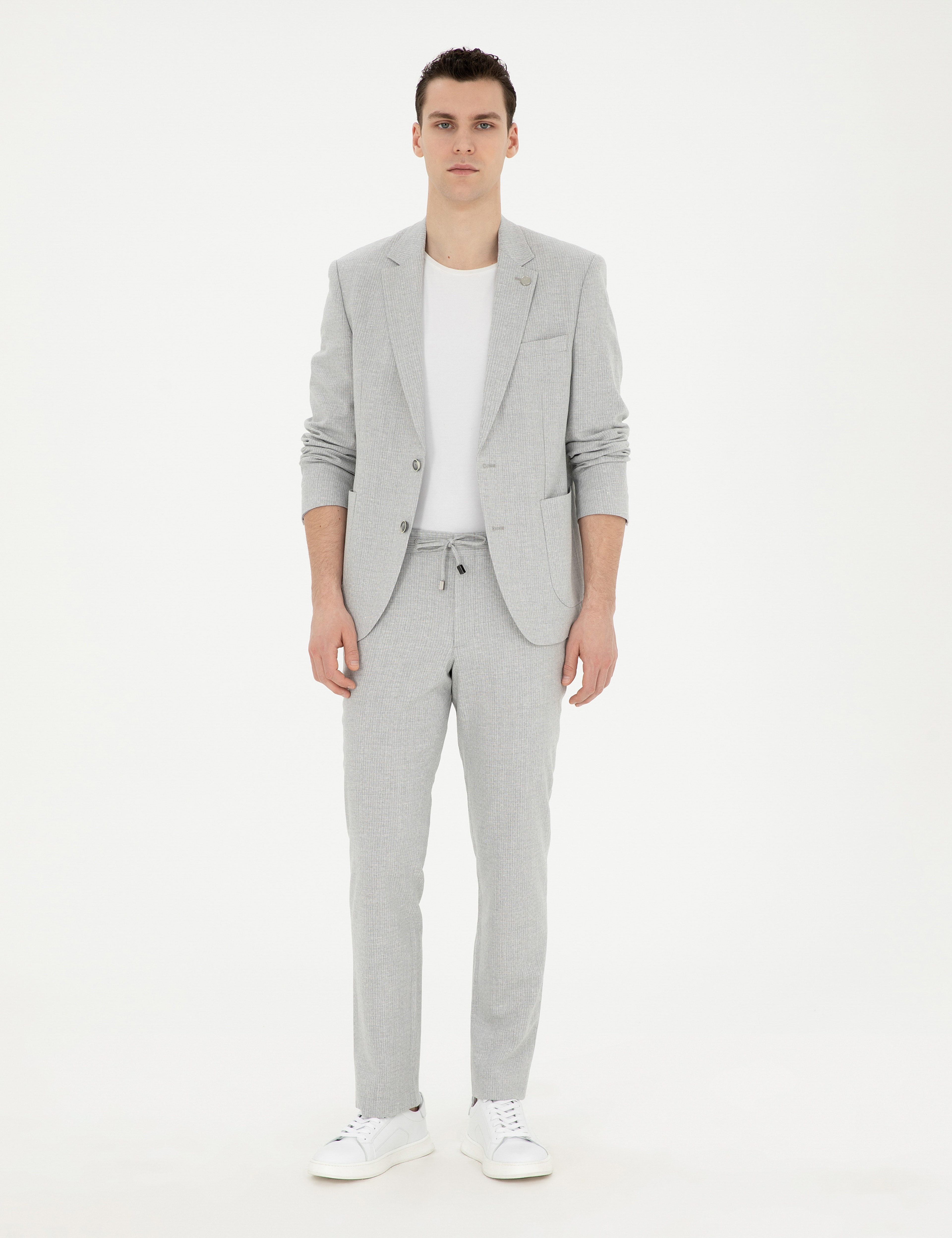 Gri Slim Fit Keten Karışımlı Çizgili Takım Elbise - Image 1
