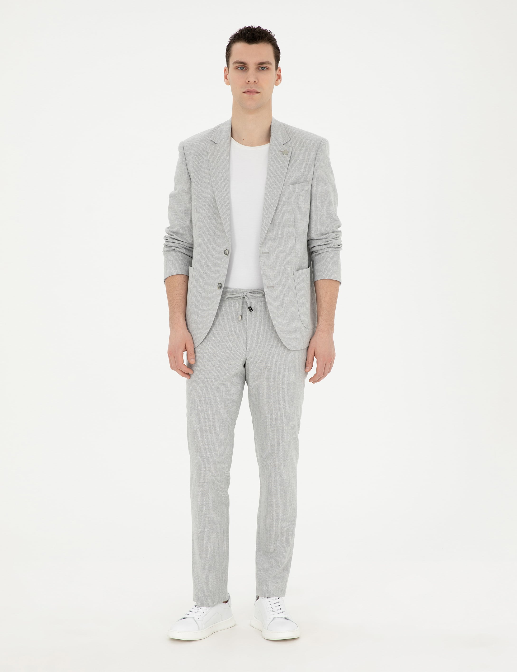 Gri Slim Fit Keten Karışımlı Çizgili Takım Elbise