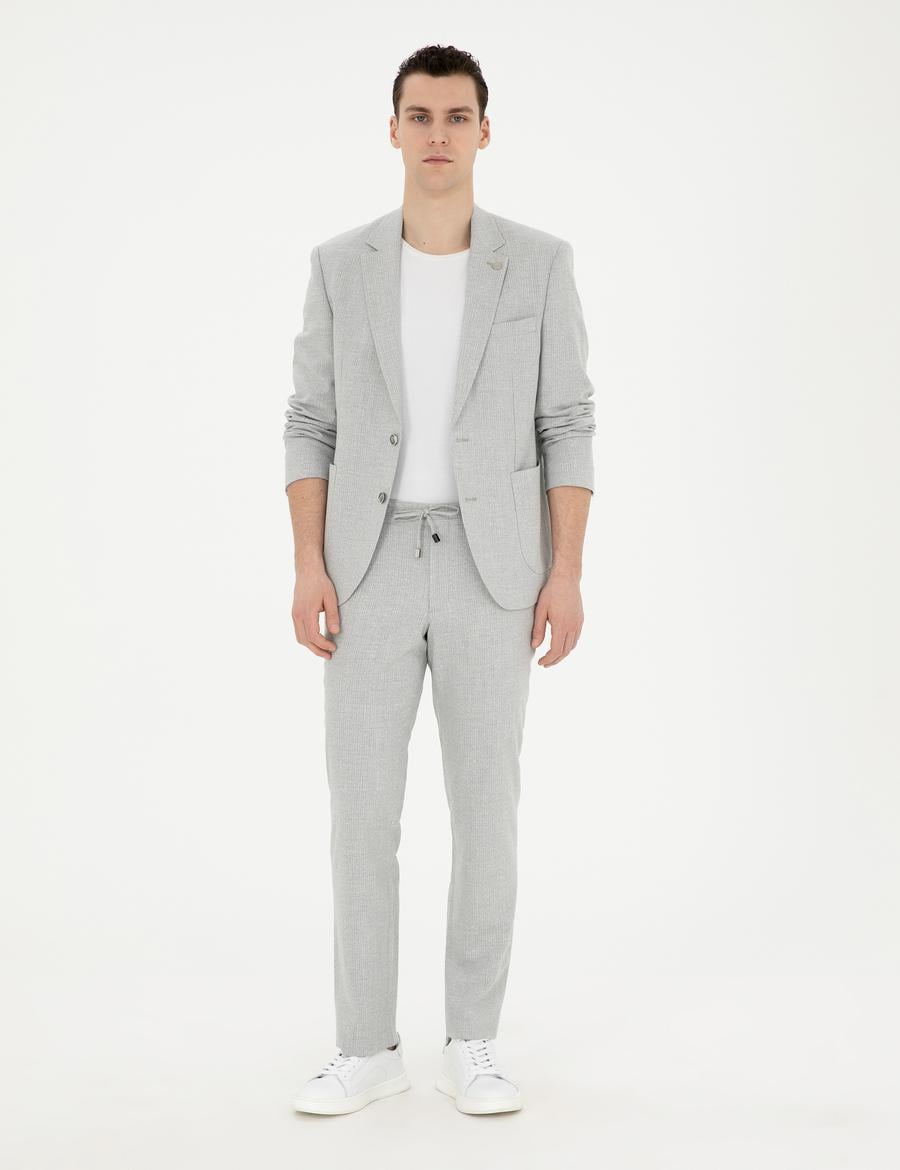 Gri Slim Fit Keten Karışımlı Çizgili Takım Elbise