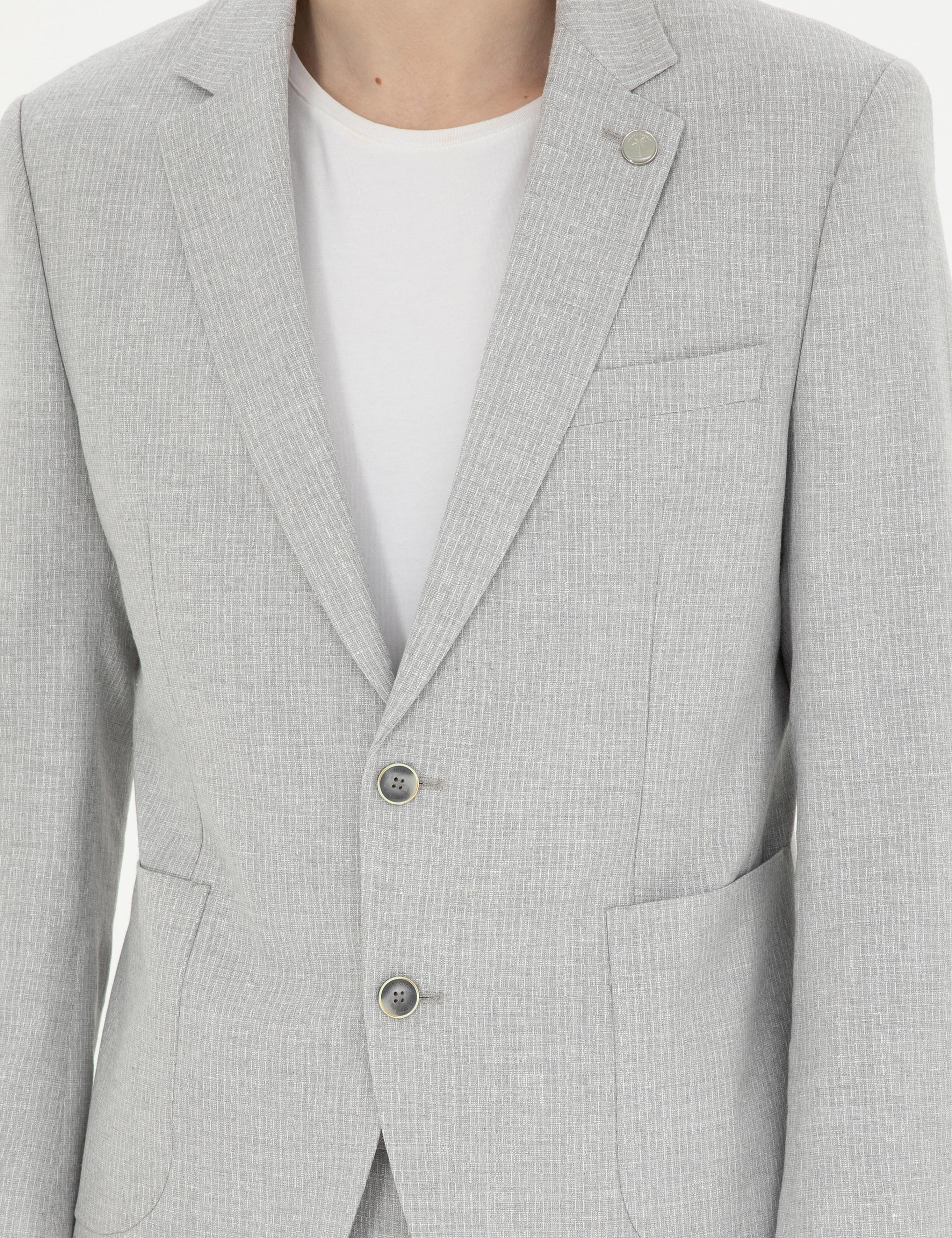 Gri Slim Fit Keten Karışımlı Çizgili Takım Elbise