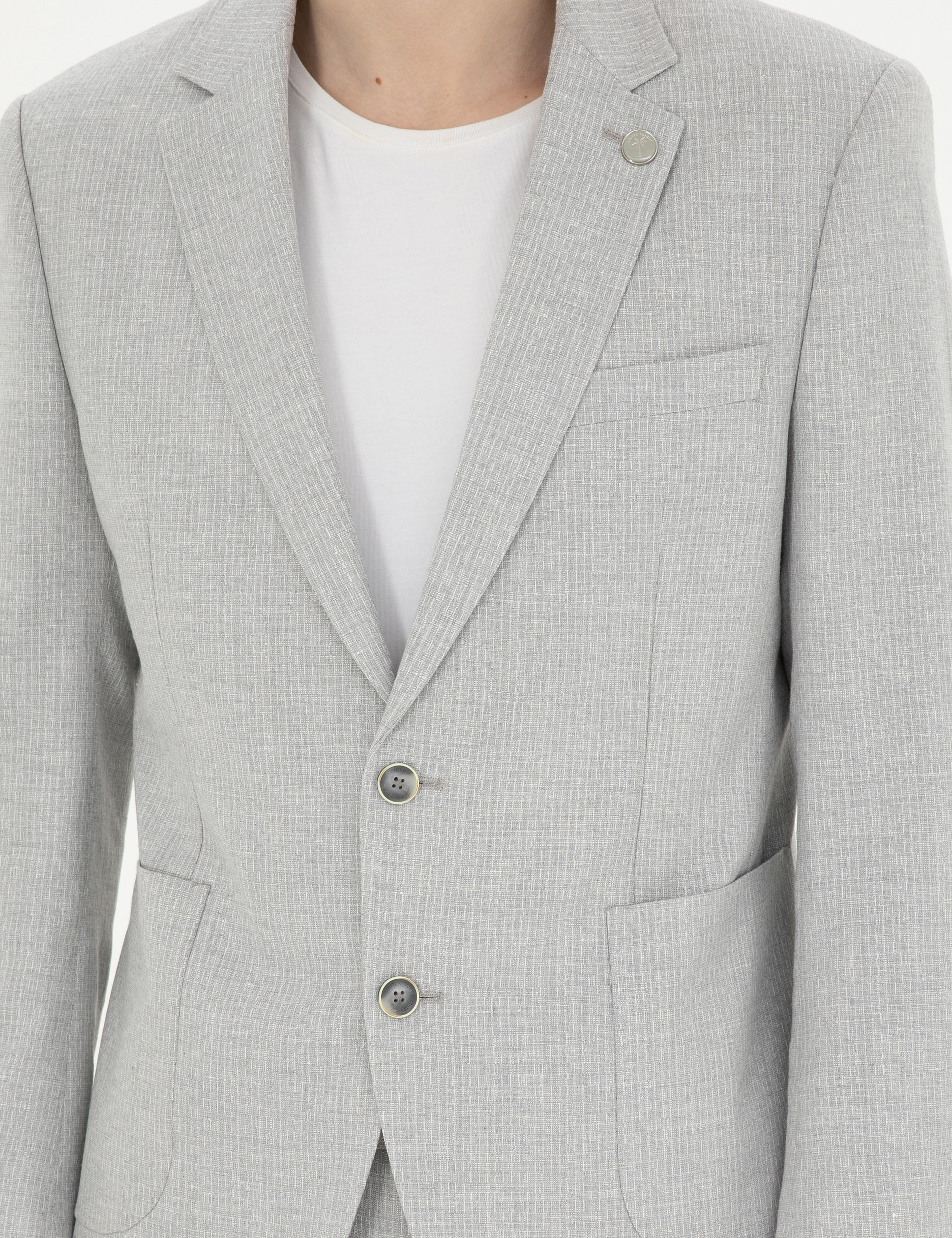 Gri Slim Fit Keten Karışımlı Çizgili Takım Elbise