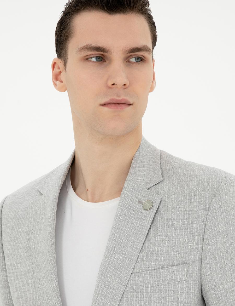 Gri Slim Fit Keten Karışımlı Çizgili Takım Elbise