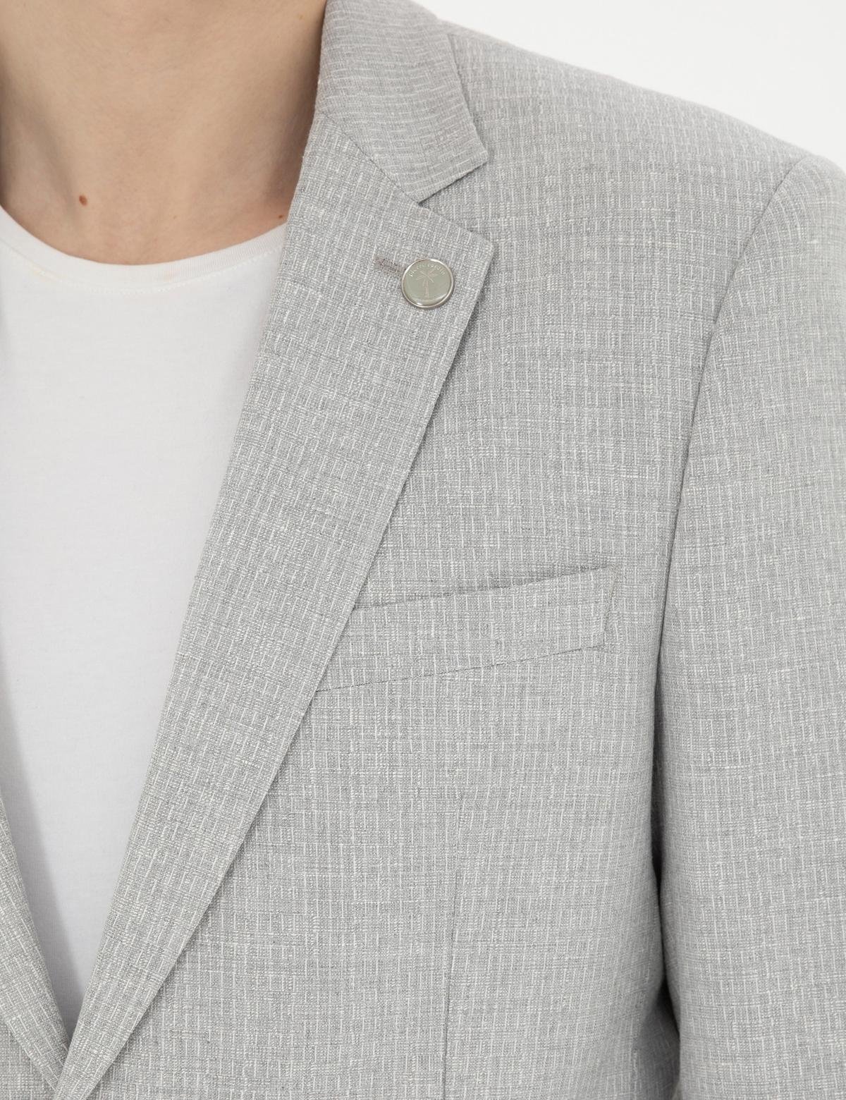 Gri Slim Fit Keten Karışımlı Çizgili Takım Elbise - 50285265020