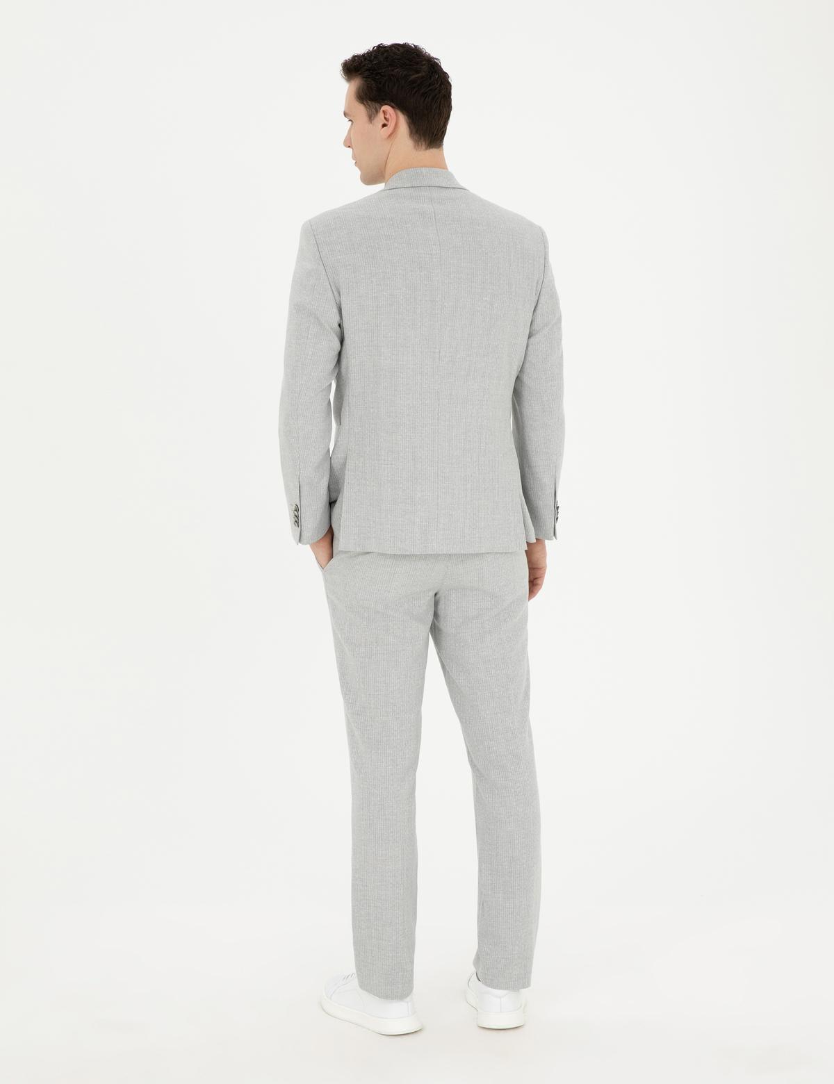 Gri Slim Fit Keten Karışımlı Çizgili Takım Elbise - 50285265020