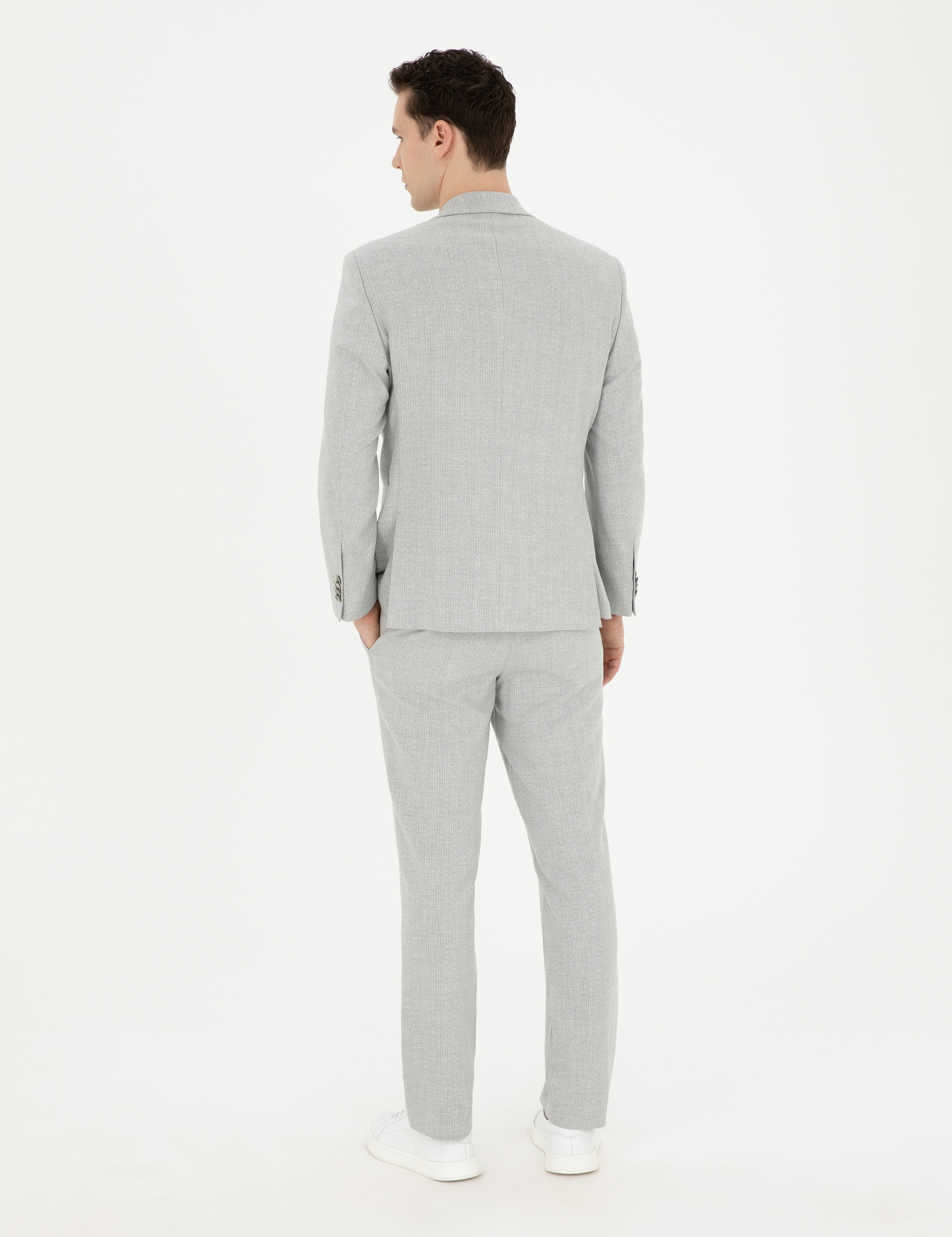 Gri Slim Fit Keten Karışımlı Çizgili Takım Elbise - Image 5