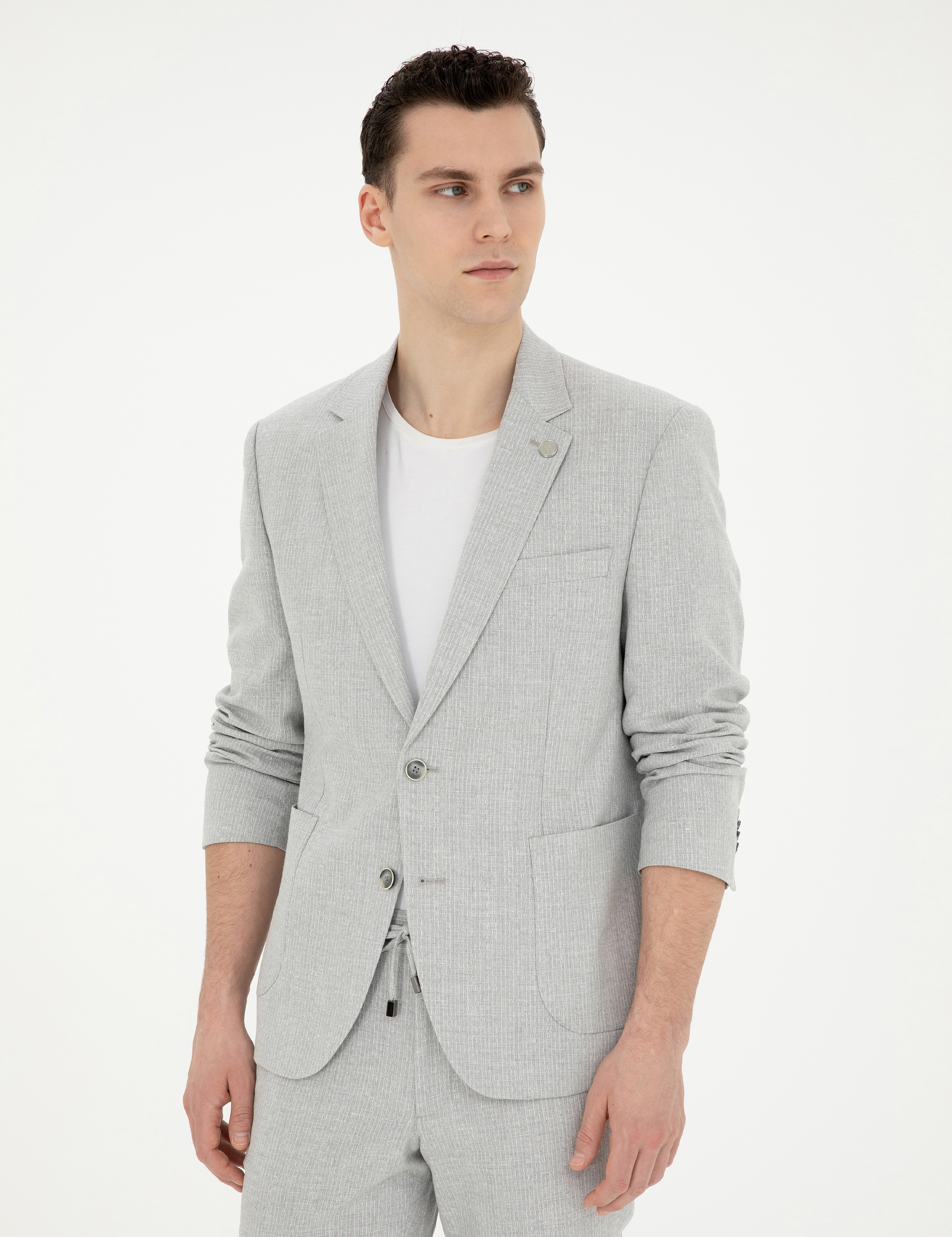 Gri Slim Fit Keten Karışımlı Çizgili Takım Elbise - Image 4