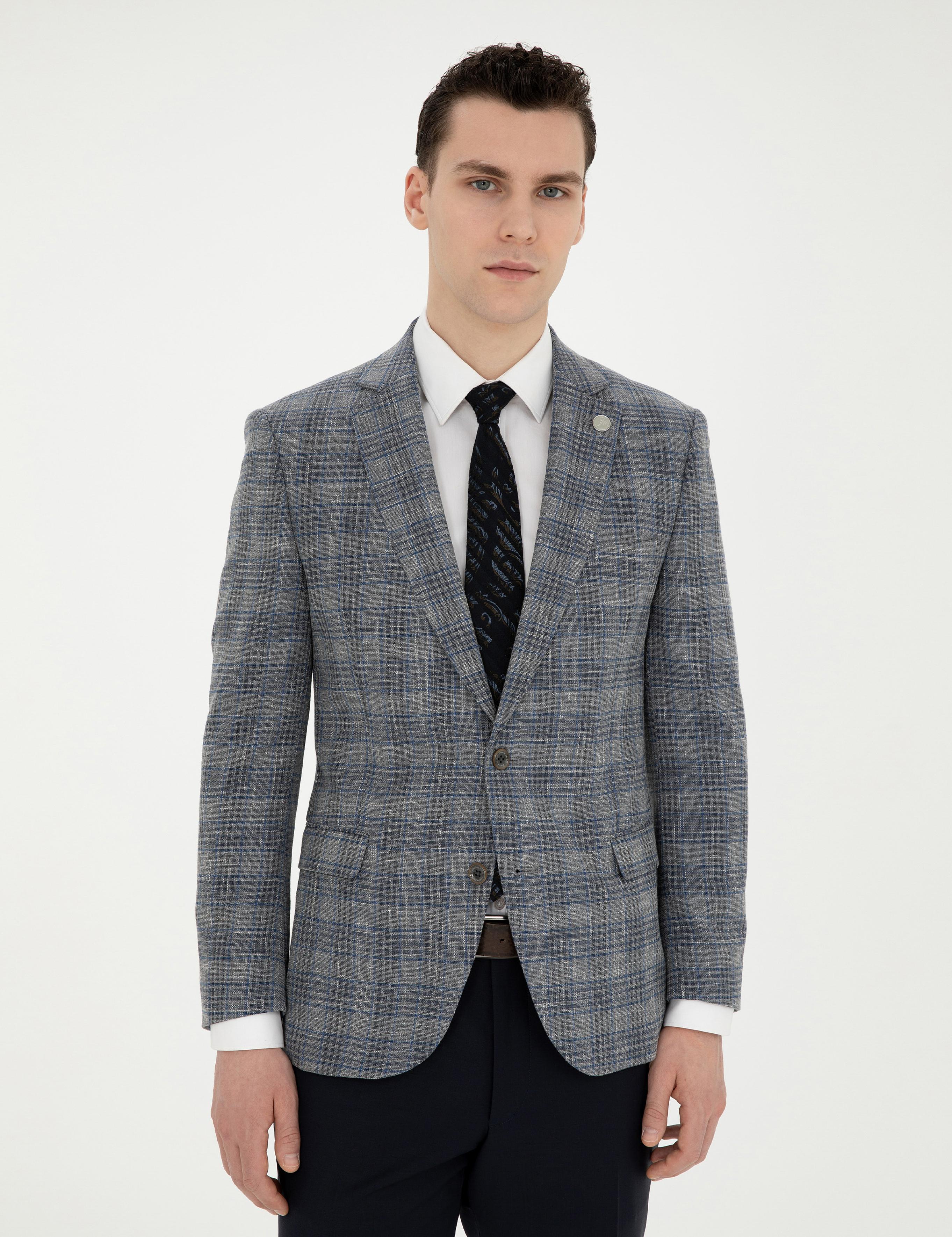 Gri Ex. Slim Fit Yün Karışımlı Ekose Ceket